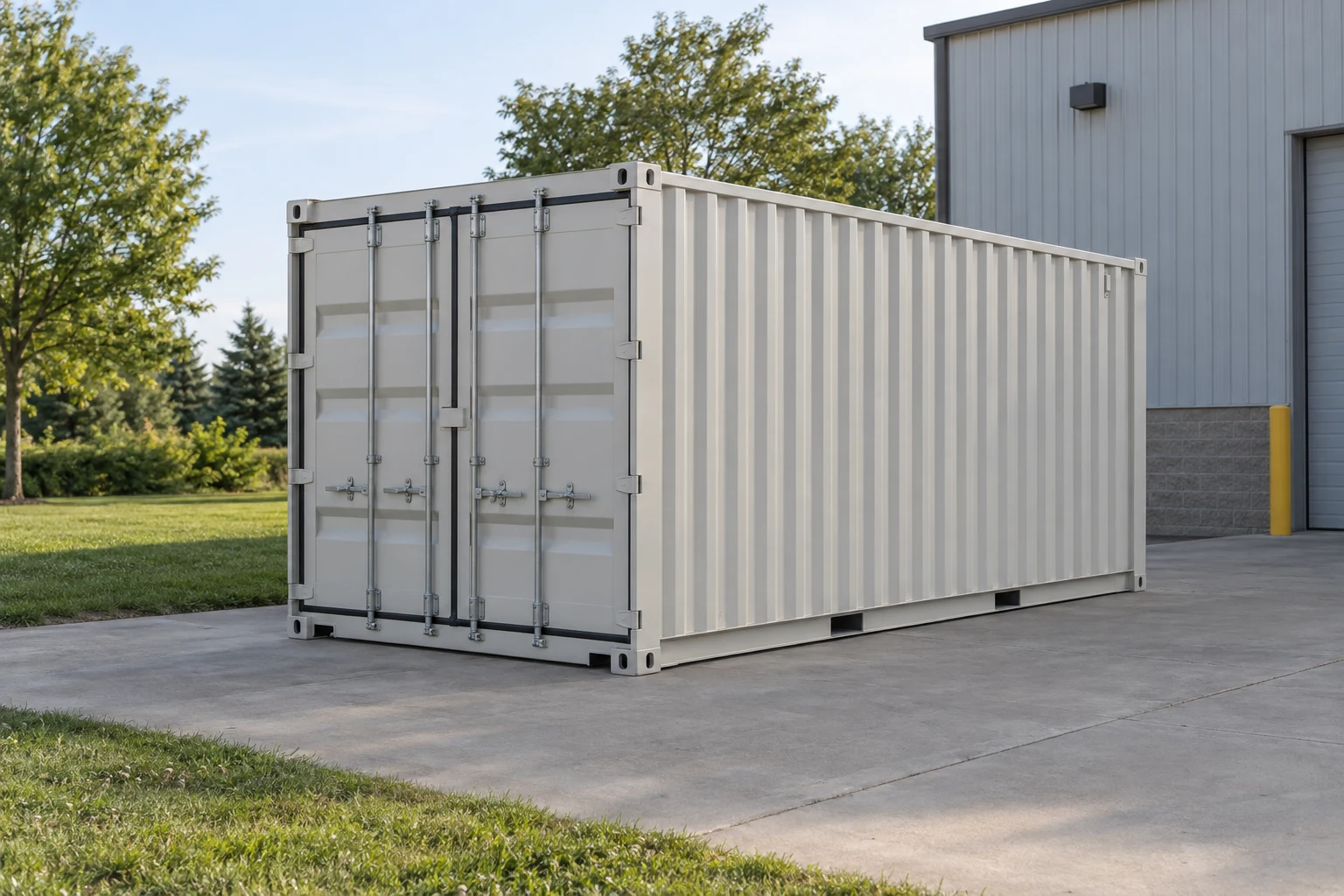 Photorealistic illustration of one clean 20ft shipping container on a prepared commercial pad in a fictional setting inspired by Minneapolis, Minnesota.