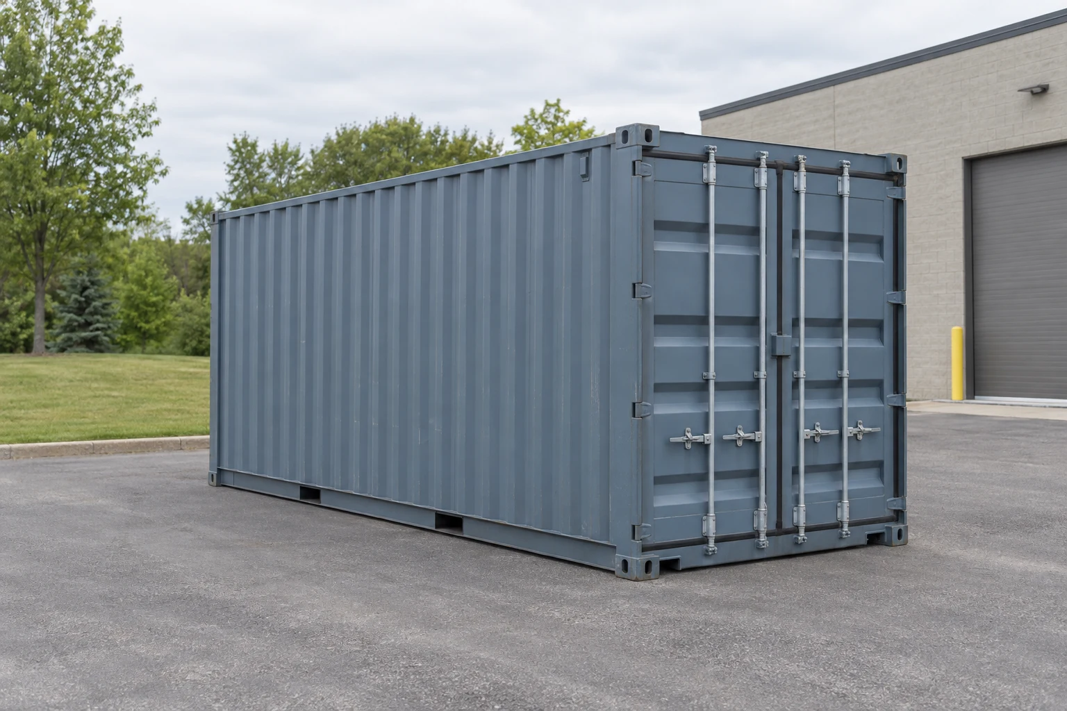 Photorealistic illustration of one clean 20ft shipping container on a prepared commercial pad in a fictional setting inspired by St. Paul, Minnesota.
