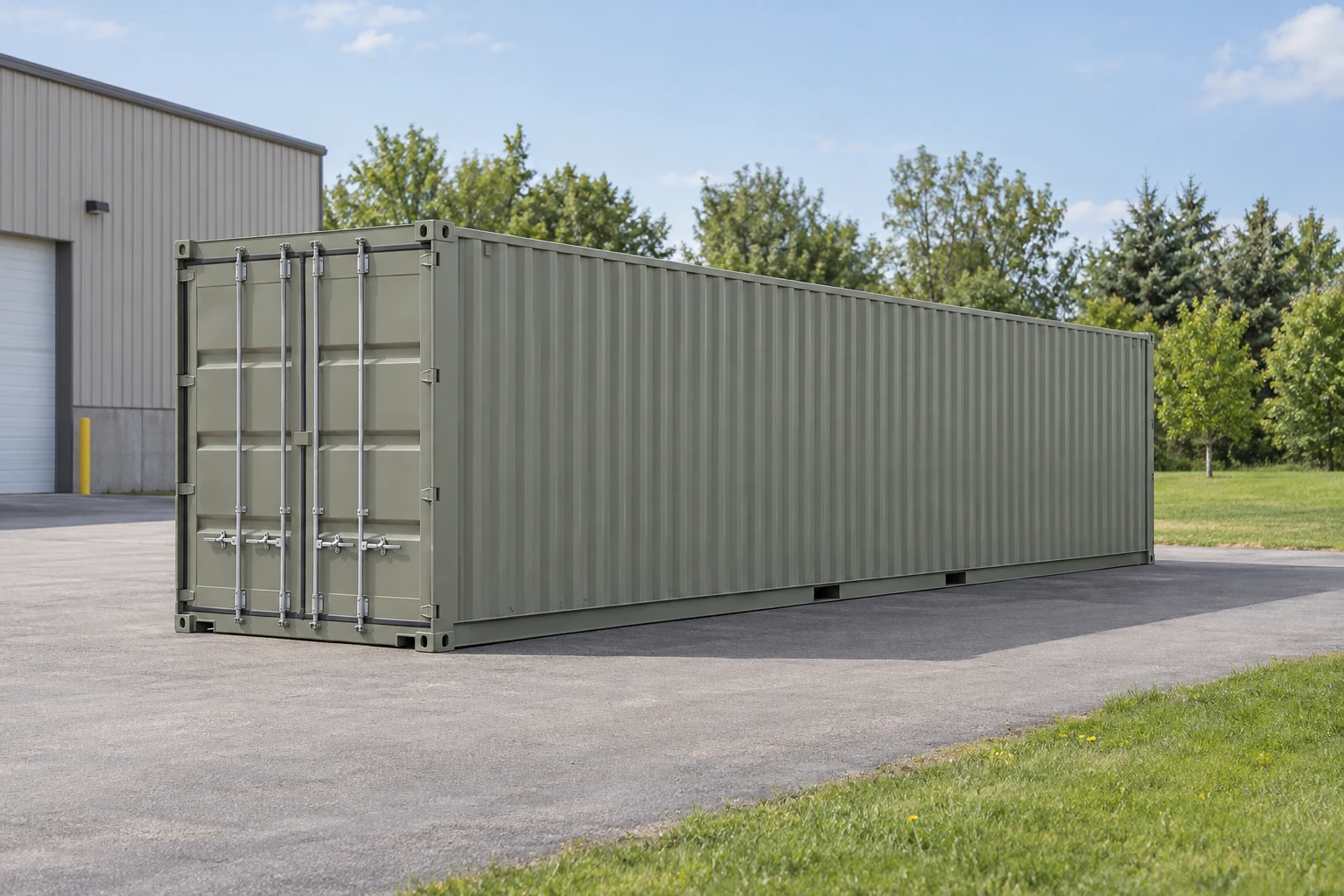 Photorealistic illustration of one clean 40ft shipping container on a prepared commercial pad in a fictional setting inspired by Minnesota.