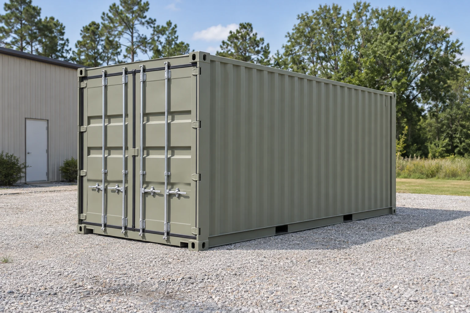 Photorealistic illustration of one clean 20ft shipping container on a prepared commercial pad in a fictional setting inspired by Gulfport, Mississippi.