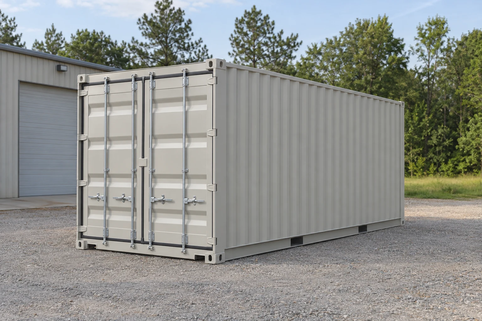 Photorealistic illustration of one clean 20ft shipping container on a prepared commercial pad in a fictional setting inspired by Jackson, Mississippi.