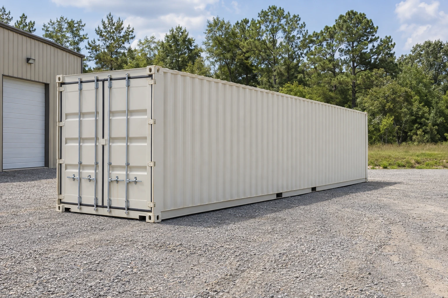 Photorealistic illustration of one clean 40ft shipping container on a prepared commercial pad in a fictional setting inspired by Mississippi.