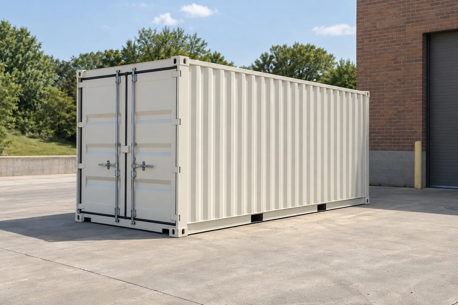 Photorealistic illustration of one clean 20ft shipping container on a prepared commercial pad in a fictional setting inspired by Kansas City, Missouri.