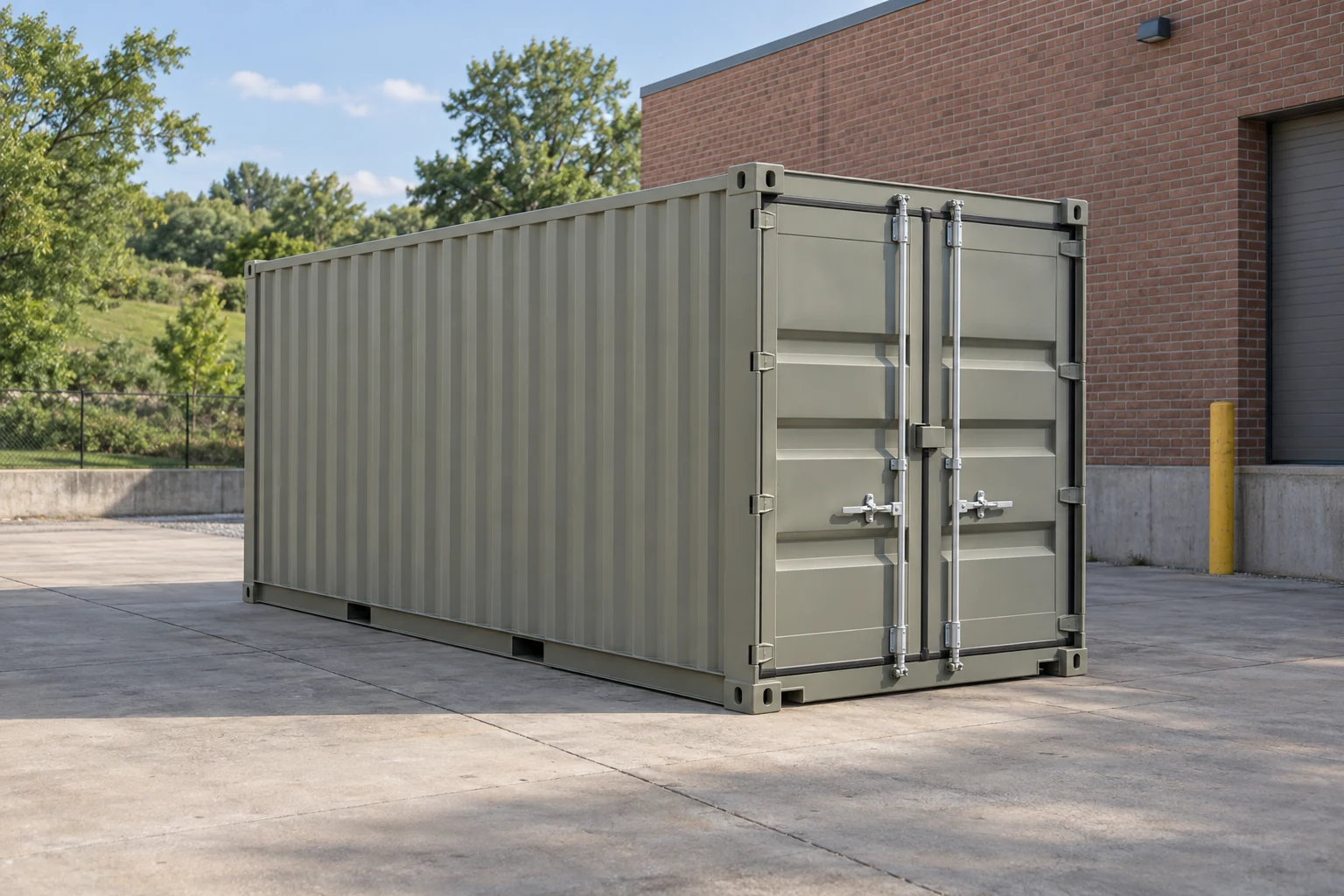 Photorealistic illustration of one clean 20ft shipping container on a prepared commercial pad in a fictional setting inspired by St. Louis, Missouri.