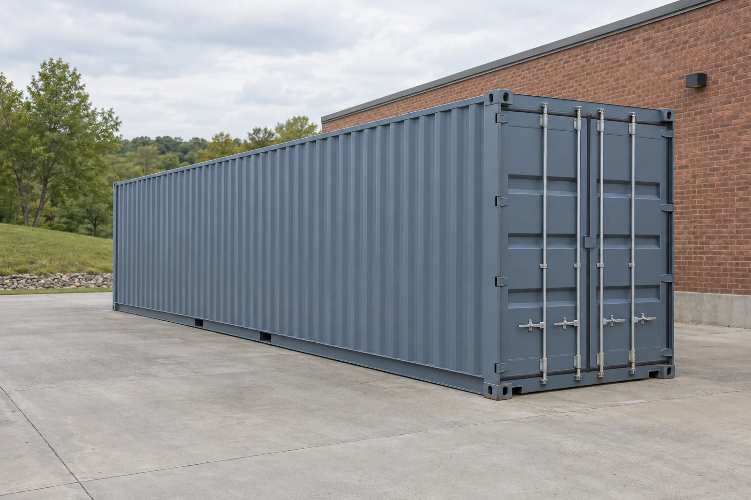 Photorealistic illustration of one clean 40ft shipping container on a prepared commercial pad in a fictional setting inspired by Missouri.