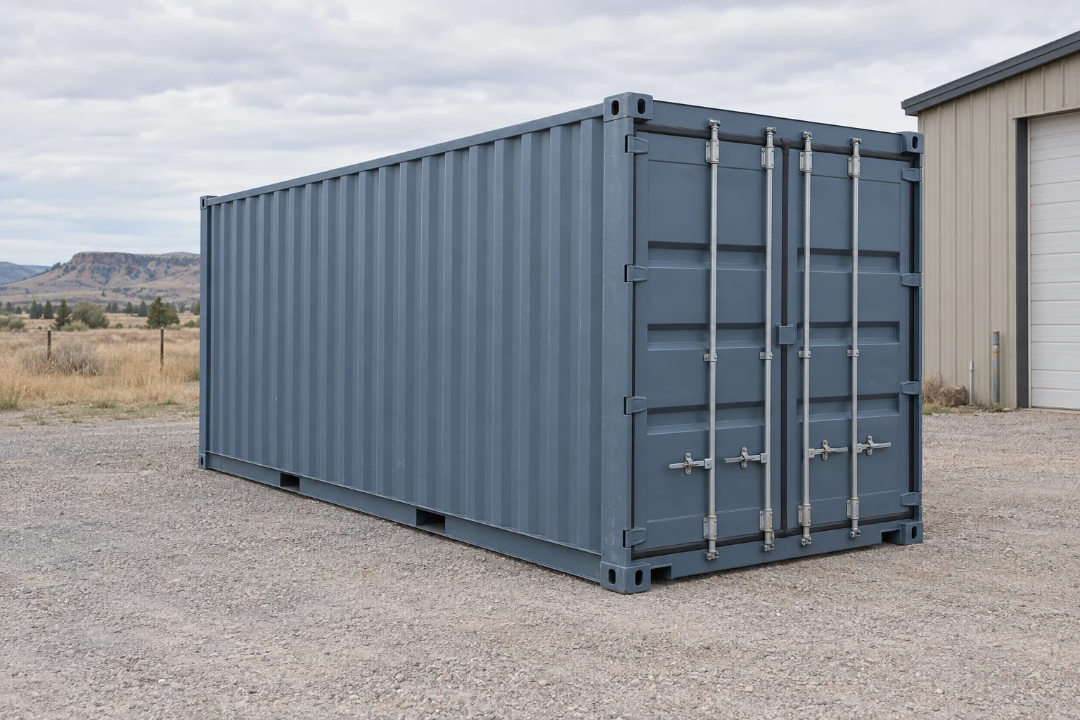 Photorealistic illustration of one clean 20ft shipping container on a prepared commercial pad in a fictional setting inspired by Billings, Montana.