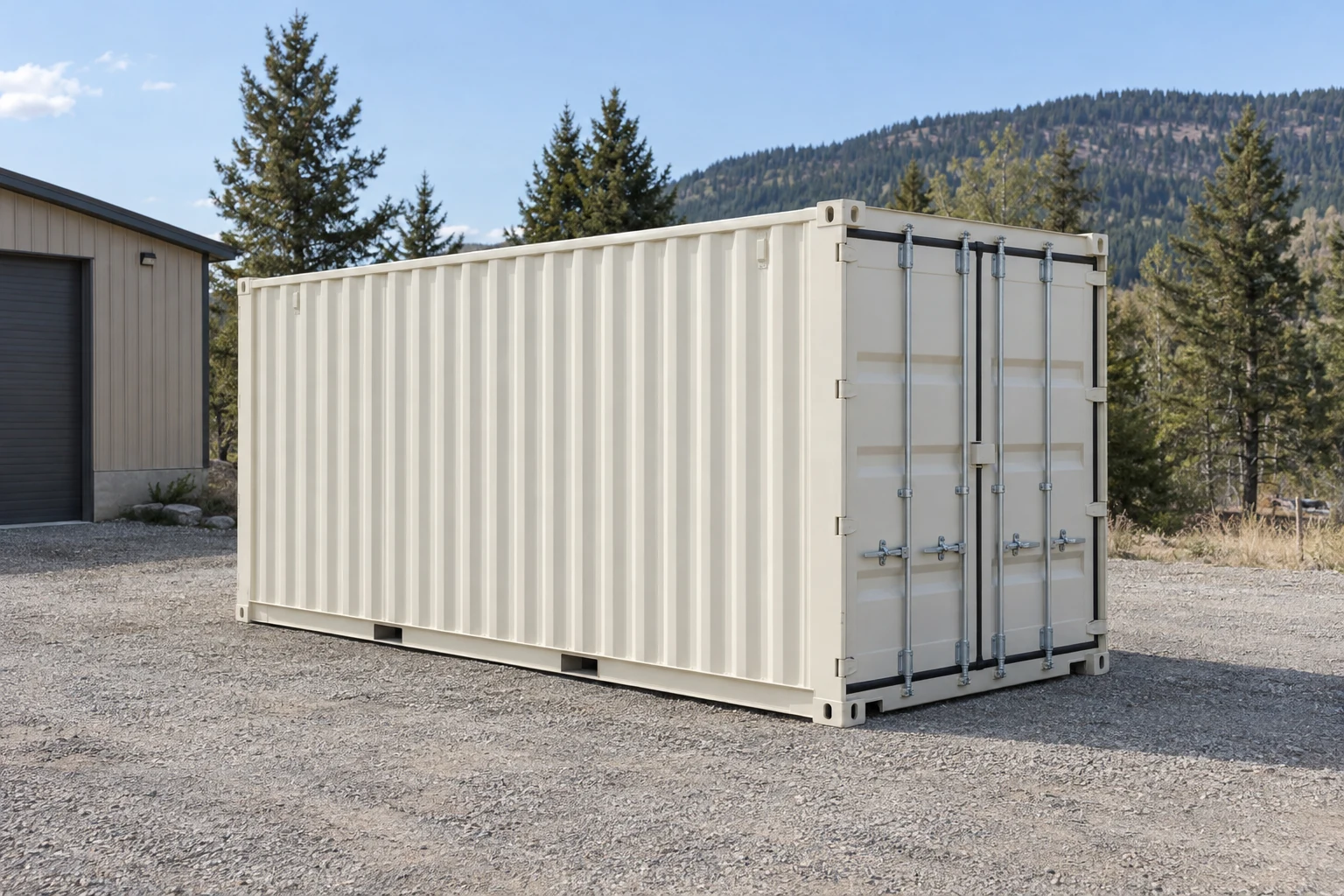 Photorealistic illustration of one clean 20ft shipping container on a prepared commercial pad in a fictional setting inspired by Missoula, Montana.