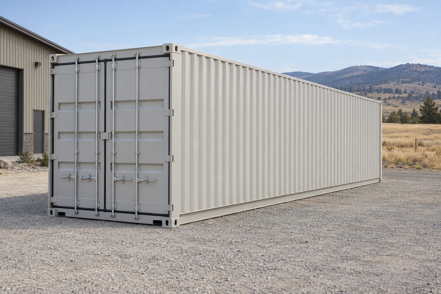 Photorealistic illustration of one clean 40ft shipping container on a prepared commercial pad in a fictional setting inspired by Montana.