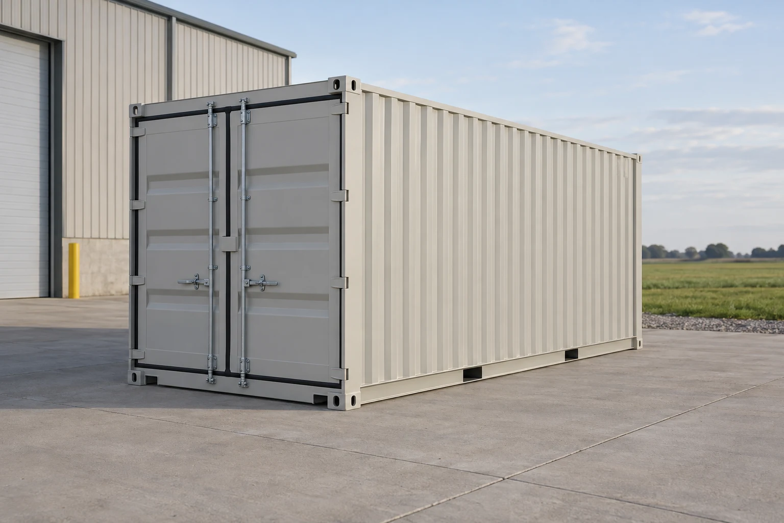 Photorealistic illustration of one clean 20ft shipping container on a prepared commercial pad in a fictional setting inspired by Lincoln, Nebraska.