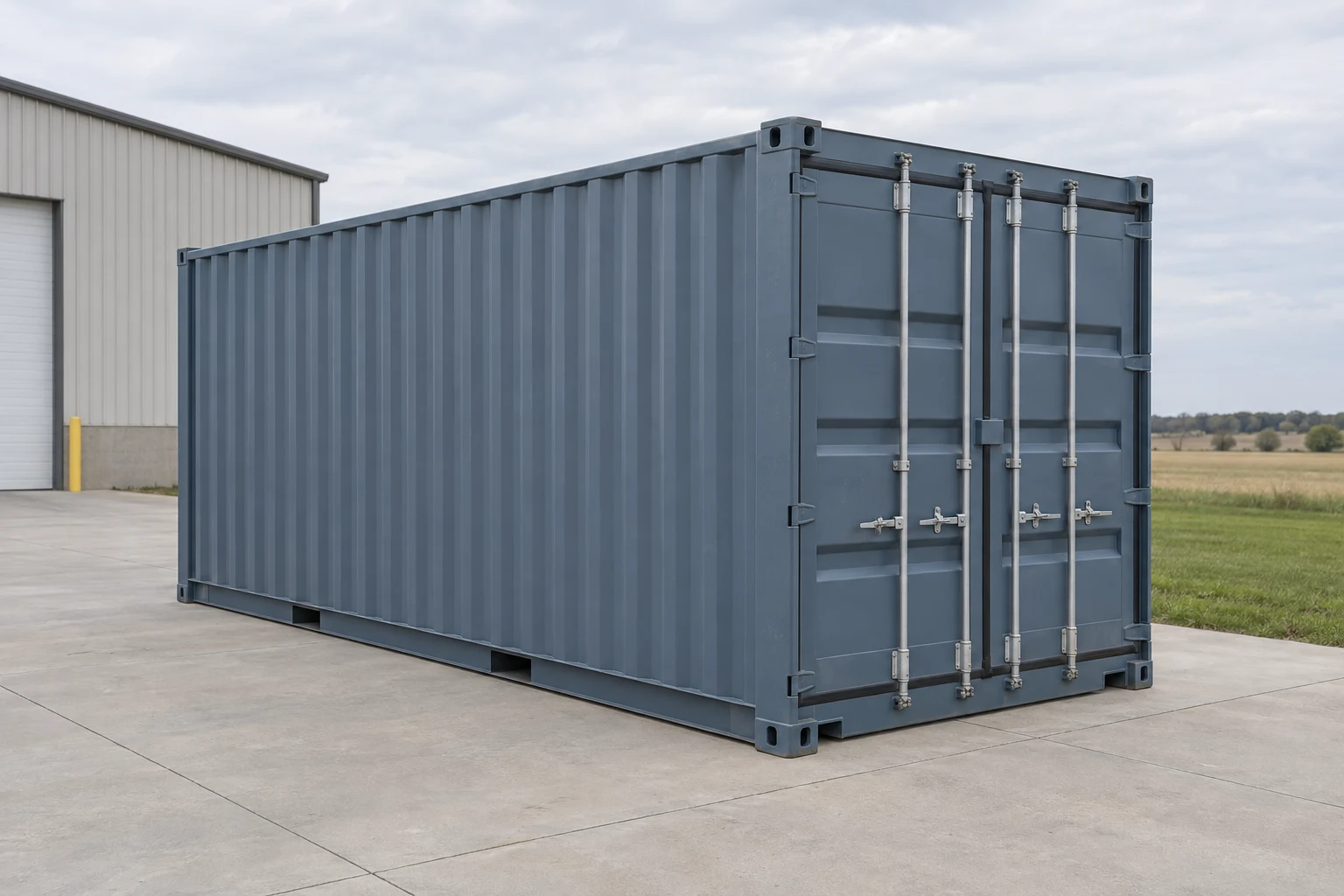 Photorealistic illustration of one clean 20ft shipping container on a prepared commercial pad in a fictional setting inspired by Omaha, Nebraska.