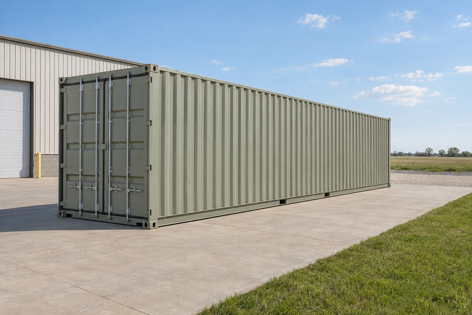 Photorealistic illustration of one clean 40ft shipping container on a prepared commercial pad in a fictional setting inspired by Nebraska.