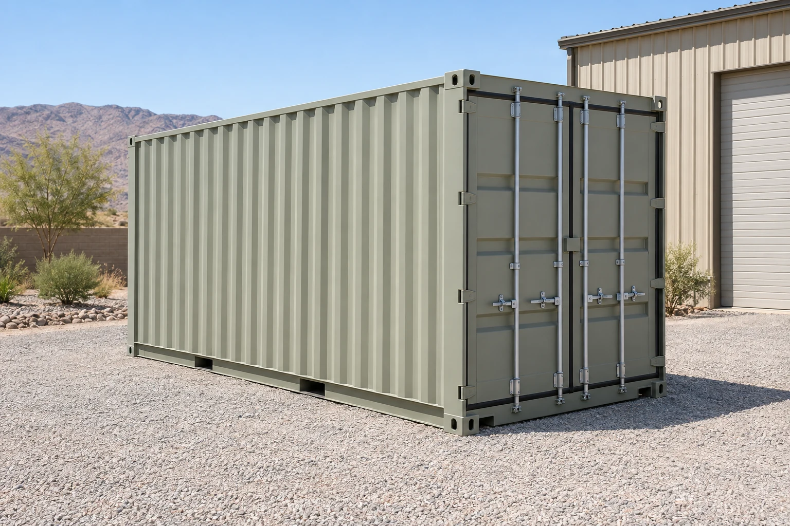 Photorealistic illustration of one clean 20ft shipping container on a prepared commercial pad in a fictional setting inspired by Henderson, Nevada.