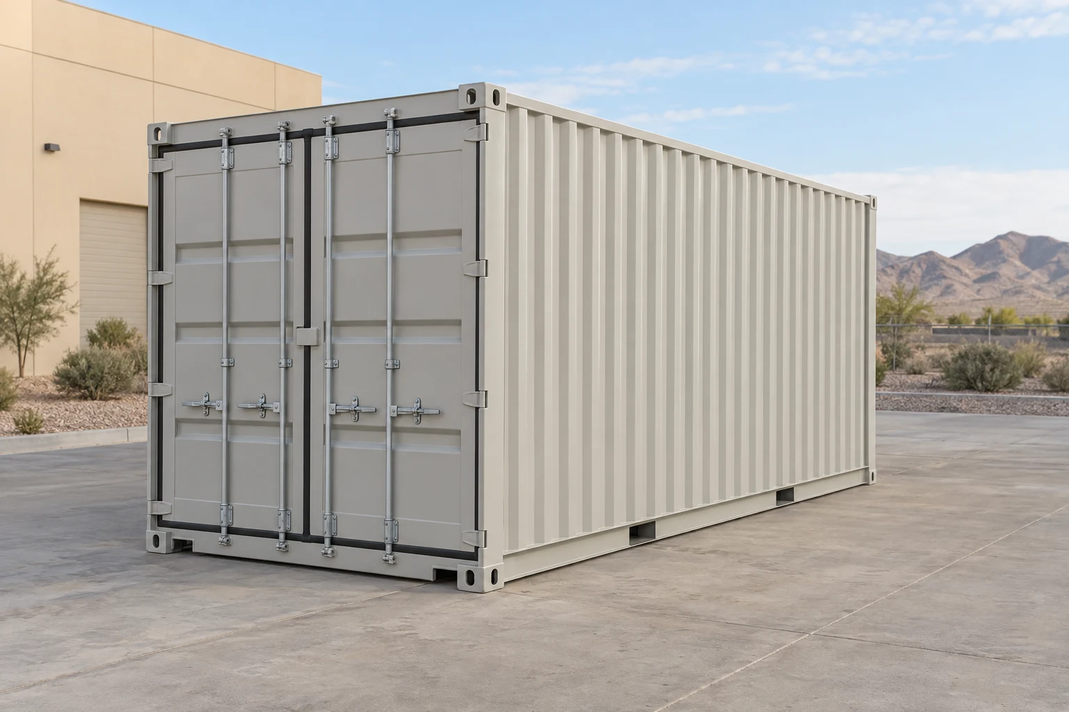 Photorealistic illustration of one clean 20ft shipping container on a prepared commercial pad in a fictional setting inspired by Las Vegas, Nevada.