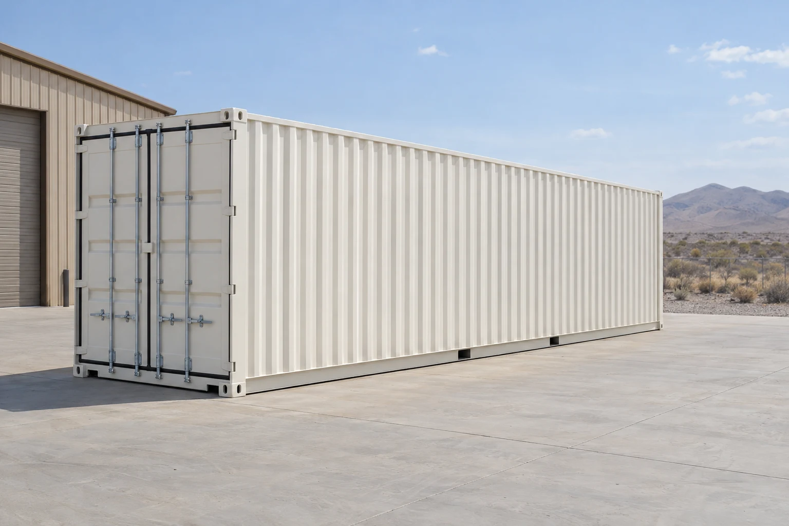 Photorealistic illustration of one clean 40ft shipping container on a prepared commercial pad in a fictional setting inspired by Nevada.