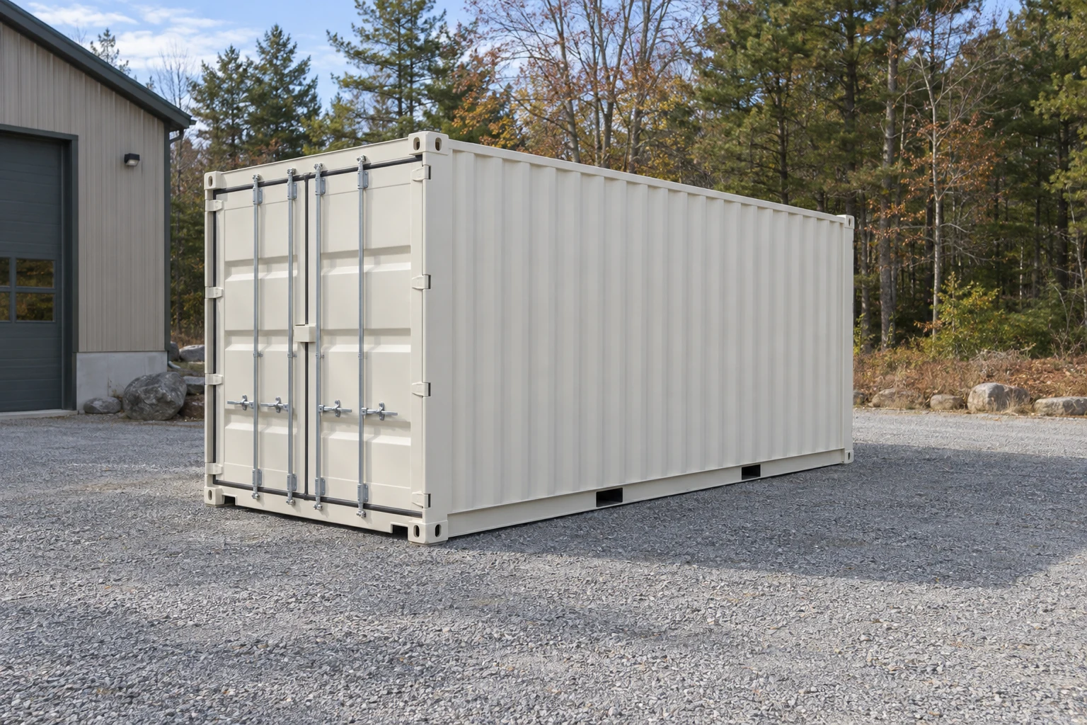 Photorealistic illustration of one clean 20ft shipping container on a prepared commercial pad in a fictional setting inspired by Manchester, New Hampshire.