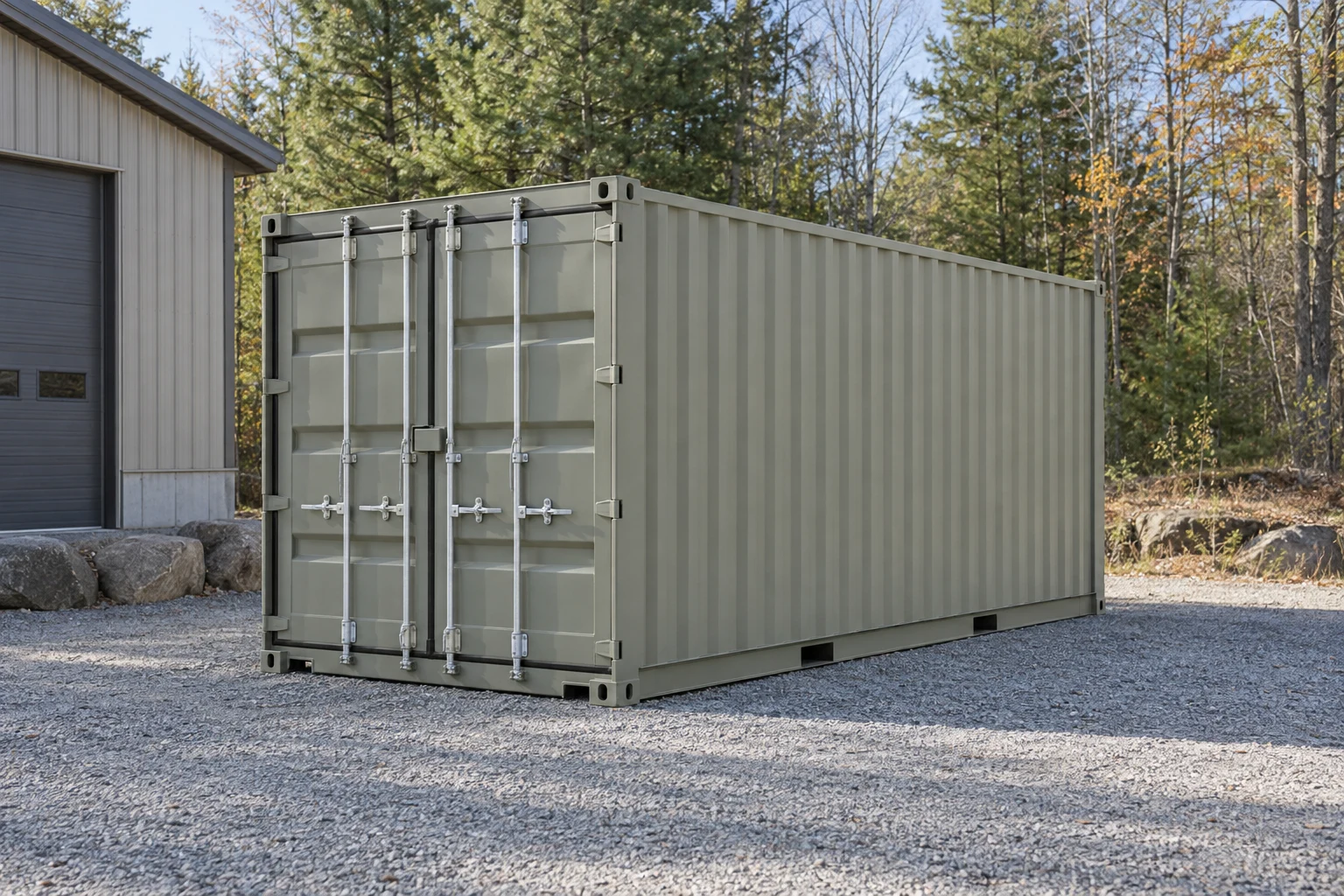 Photorealistic illustration of one clean 20ft shipping container on a prepared commercial pad in a fictional setting inspired by Nashua, New Hampshire.