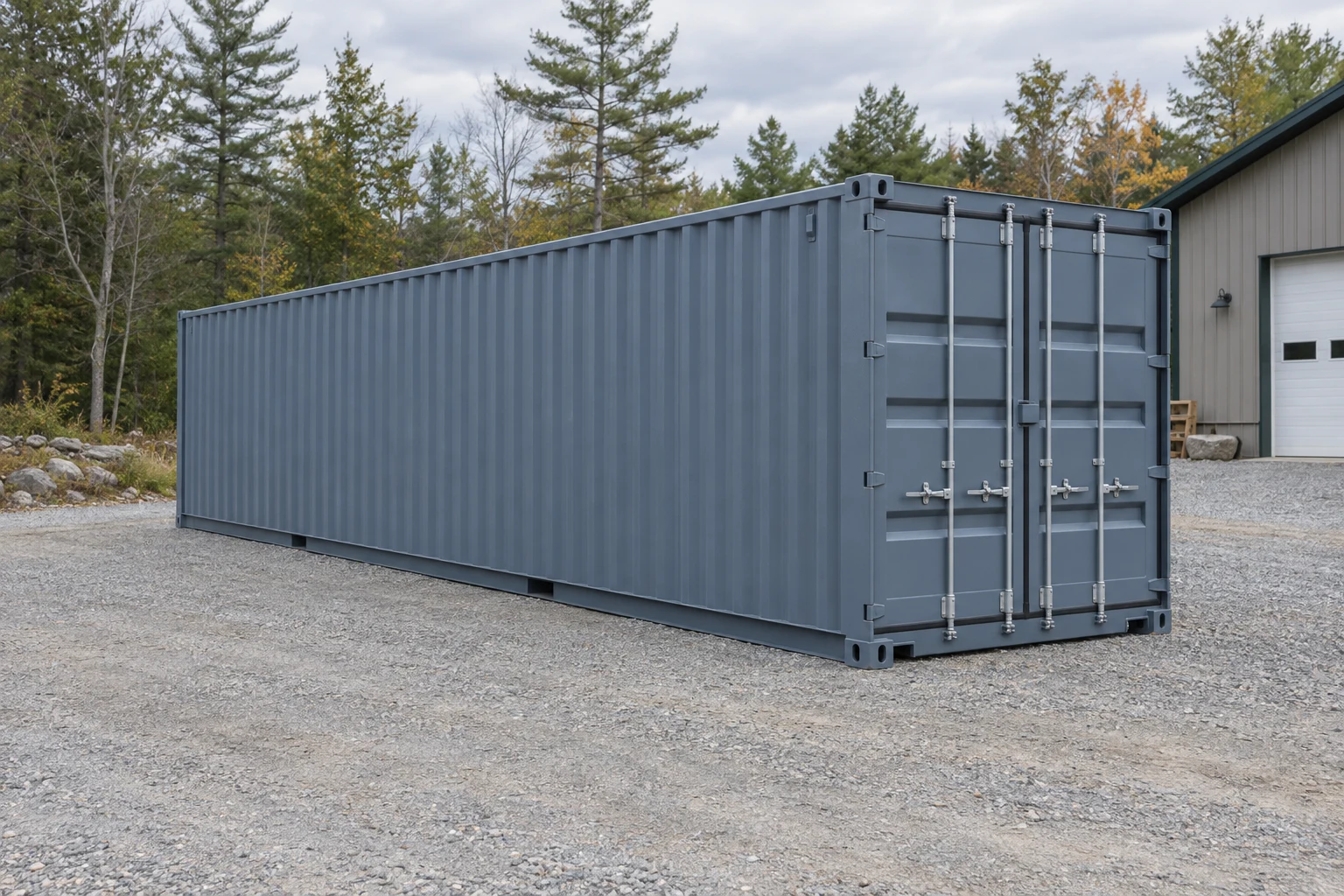 Photorealistic illustration of one clean 40ft shipping container on a prepared commercial pad in a fictional setting inspired by New Hampshire.