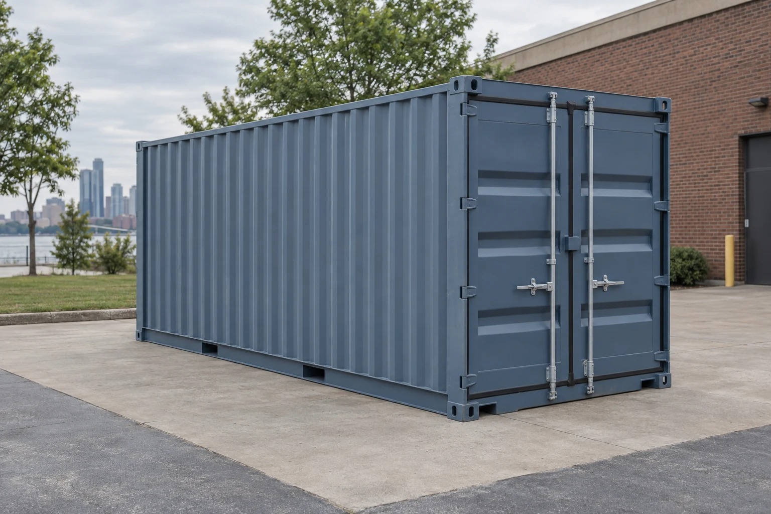 Photorealistic illustration of one clean 20ft shipping container on a prepared commercial pad in a fictional setting inspired by Jersey City, New Jersey.