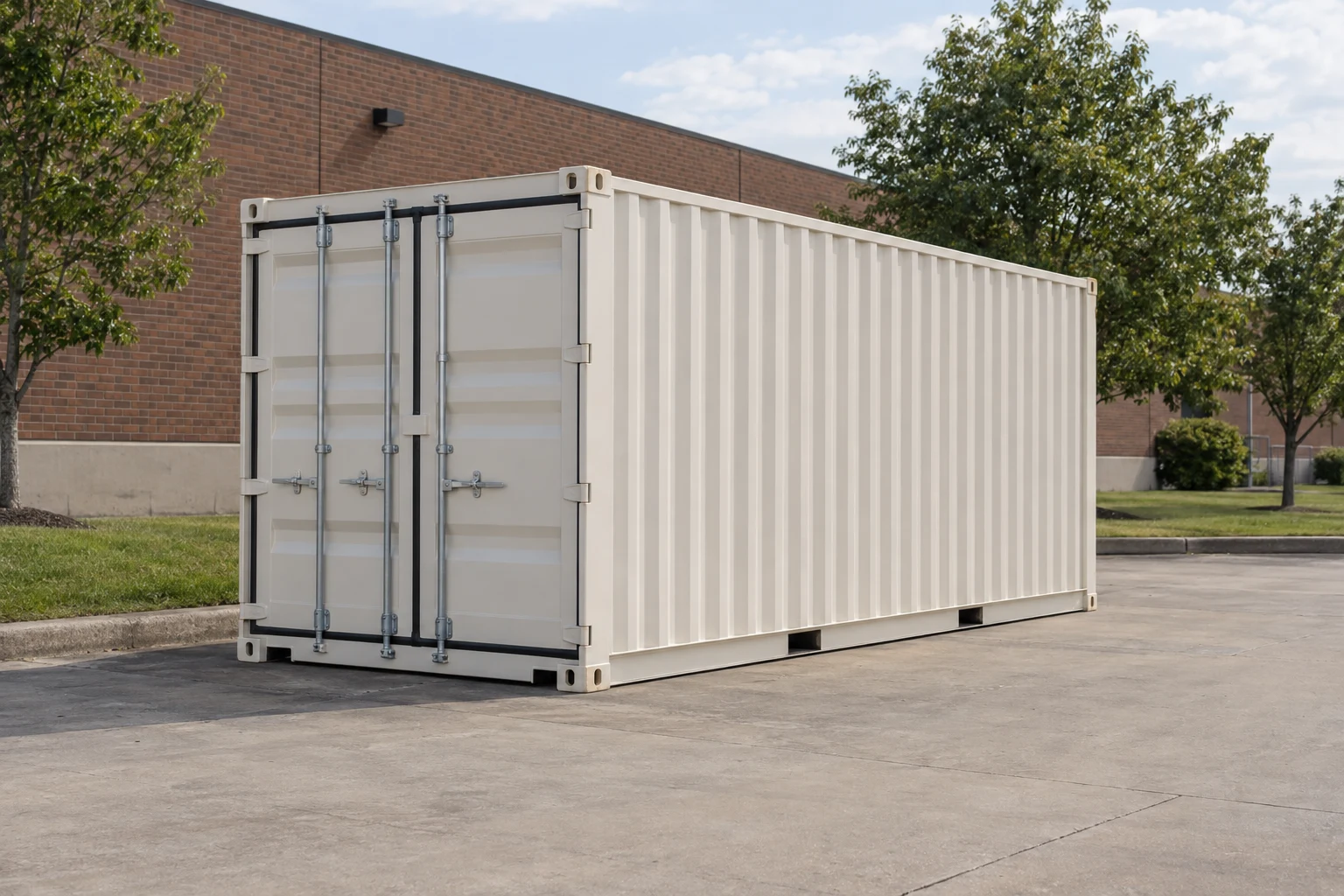 Photorealistic illustration of one clean 20ft shipping container on a prepared commercial pad in a fictional setting inspired by Newark, New Jersey.