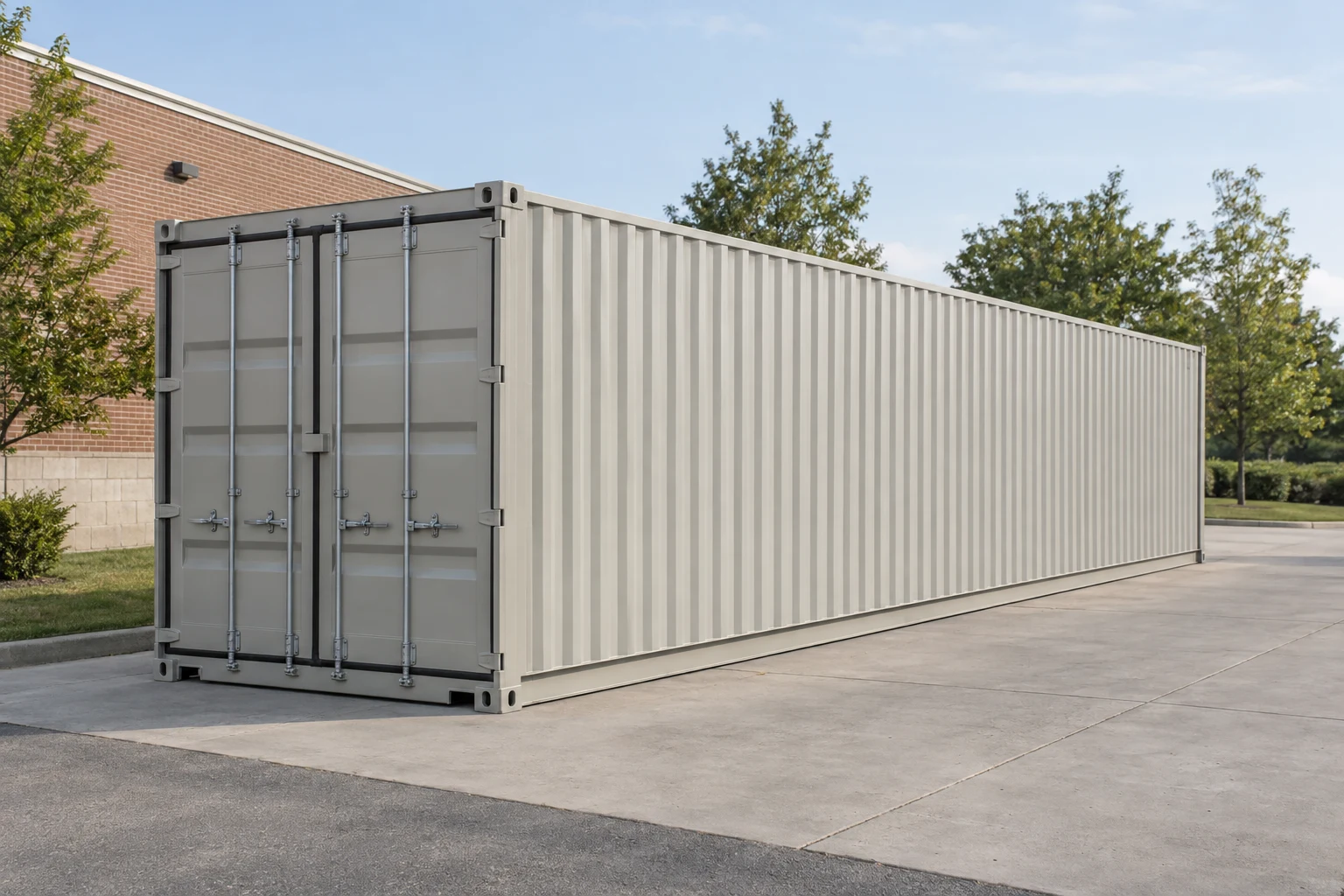 Photorealistic illustration of one clean 40ft shipping container on a prepared commercial pad in a fictional setting inspired by New Jersey.