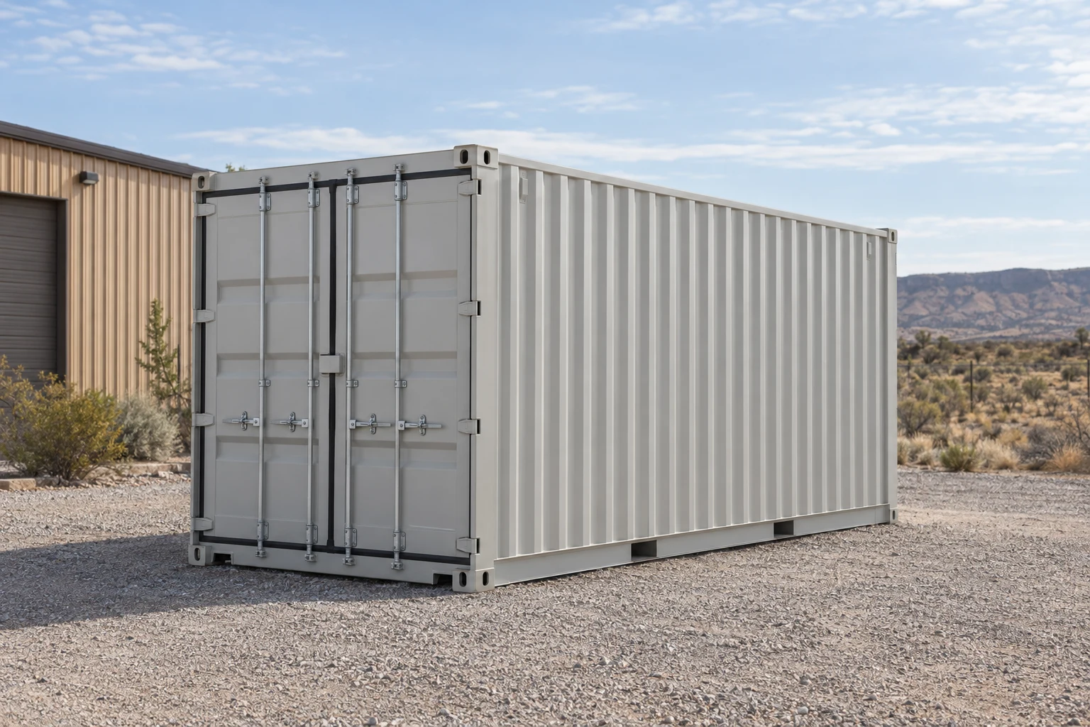 Photorealistic illustration of one clean 20ft shipping container on a prepared commercial pad in a fictional setting inspired by Albuquerque, New Mexico.