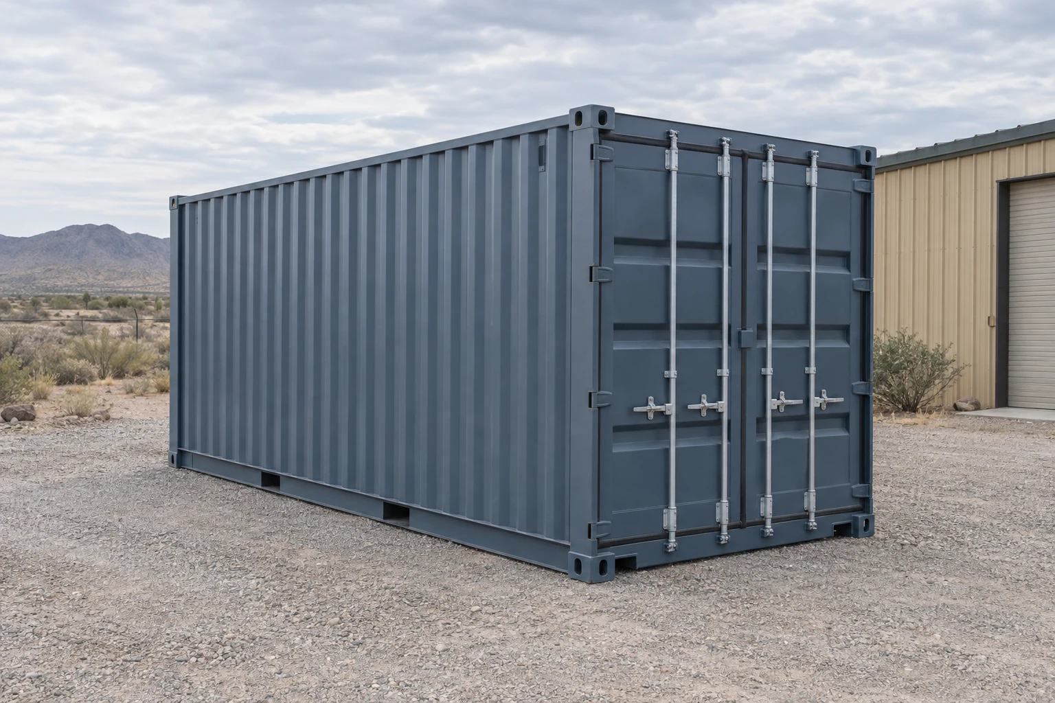Photorealistic illustration of one clean 20ft shipping container on a prepared commercial pad in a fictional setting inspired by Las Cruces, New Mexico.