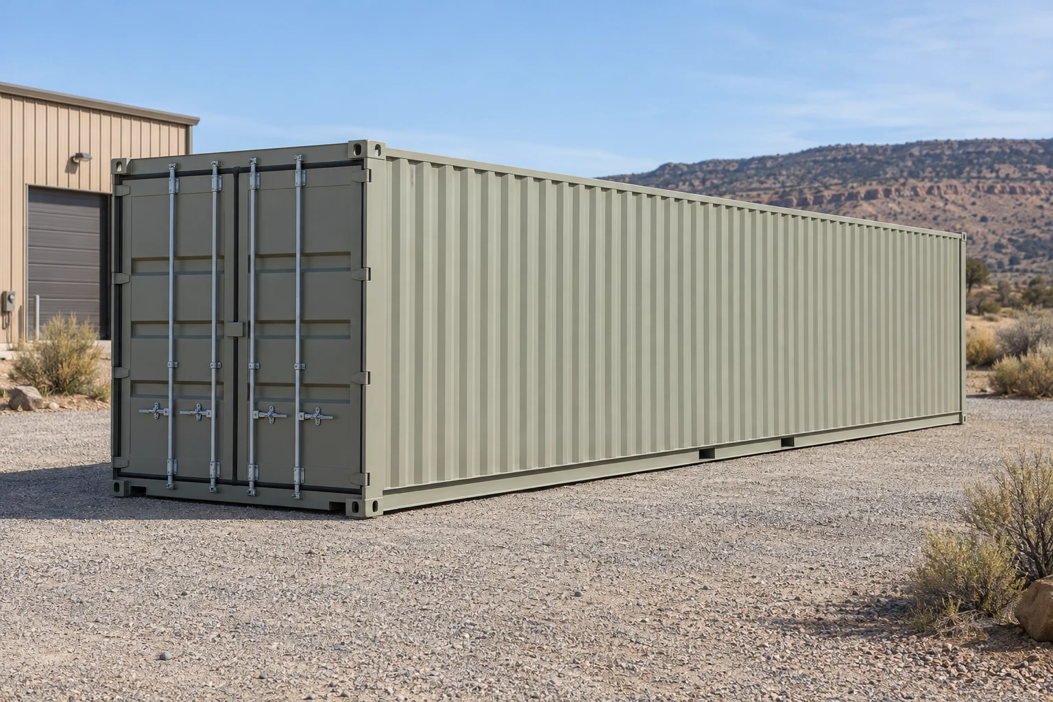 Photorealistic illustration of one clean 40ft shipping container on a prepared commercial pad in a fictional setting inspired by New Mexico.