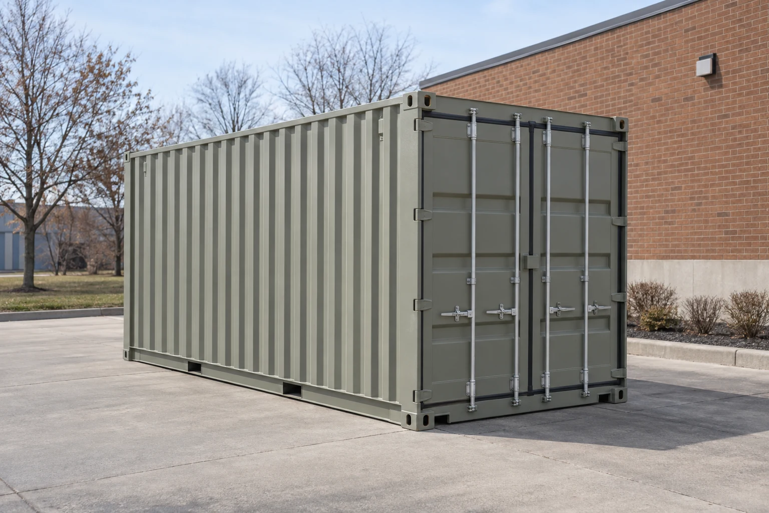 Photorealistic illustration of one clean 20ft shipping container on a prepared commercial pad in a fictional setting inspired by Buffalo, New York.