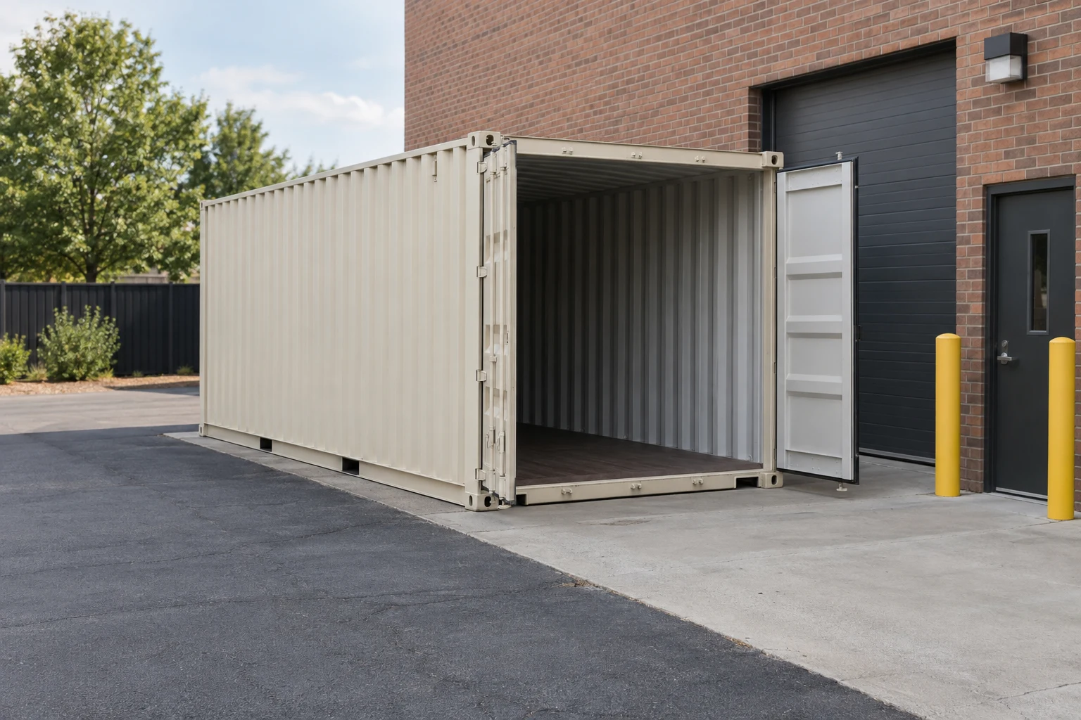Steel container beside a brick building with its loading area visible.