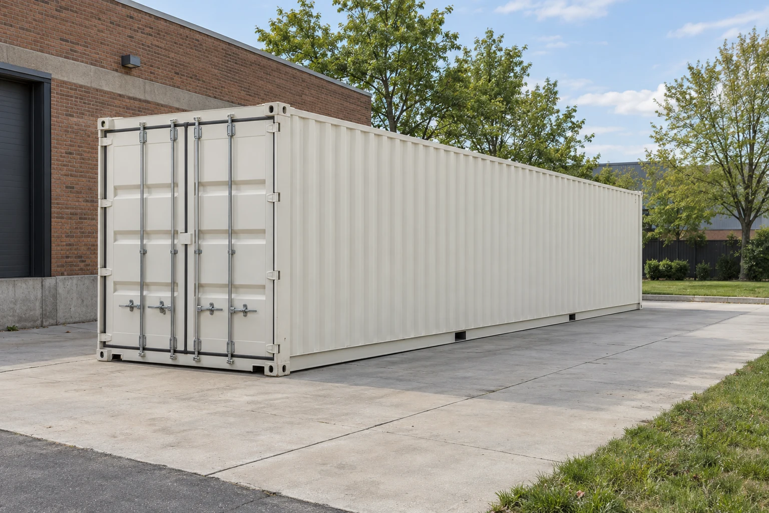 Photorealistic illustration of one clean 40ft shipping container on a prepared commercial pad in a fictional setting inspired by New York.