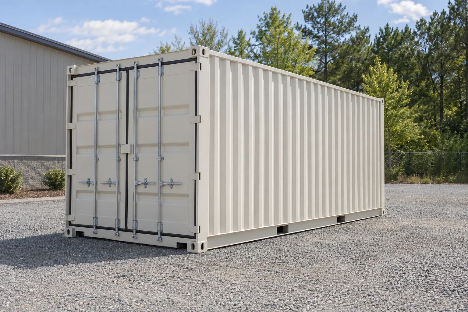 Photorealistic illustration of one clean 20ft shipping container on a prepared commercial pad in a fictional setting inspired by Charlotte, North Carolina.