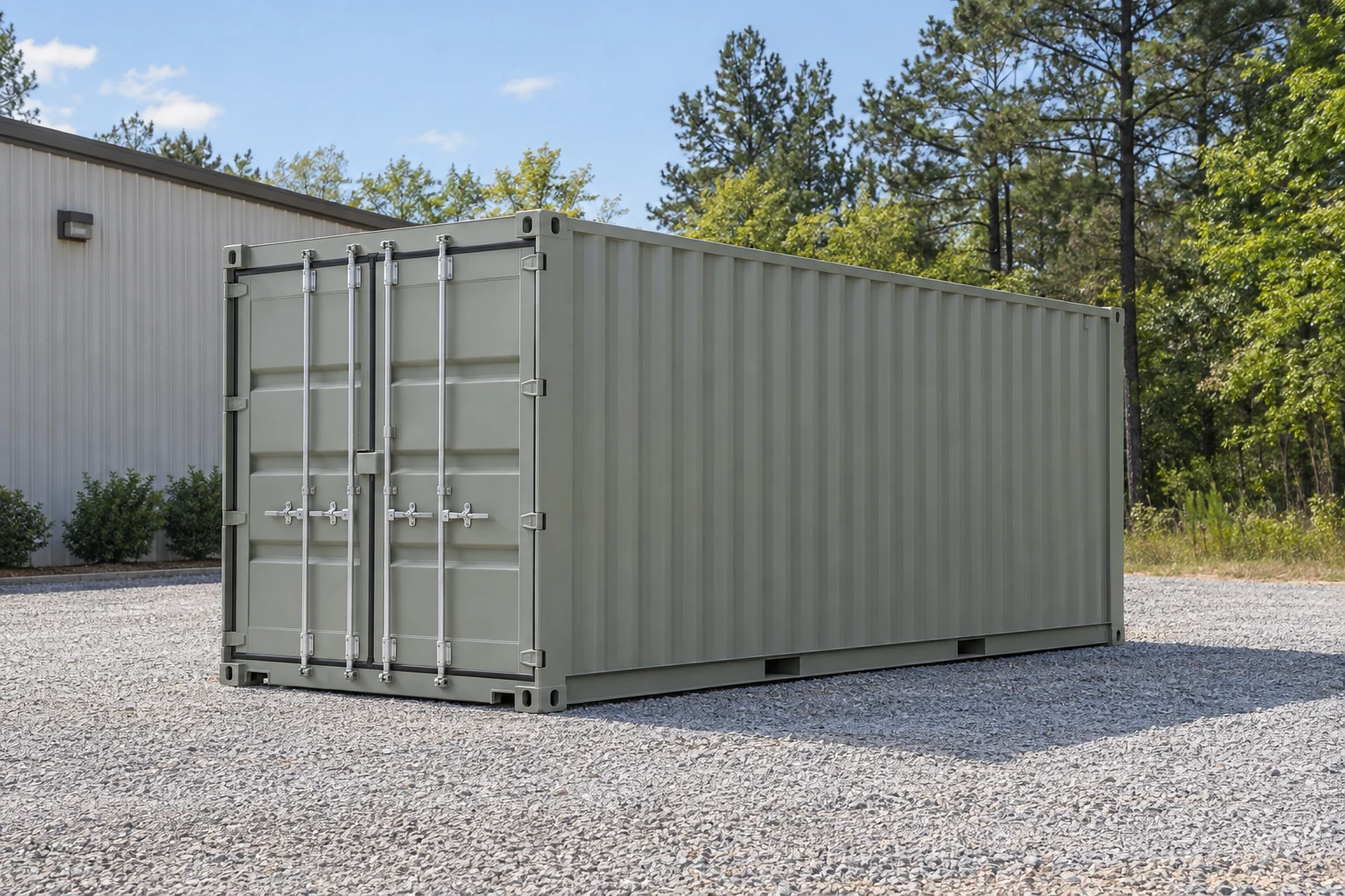 Photorealistic illustration of one clean 20ft shipping container on a prepared commercial pad in a fictional setting inspired by Raleigh, North Carolina.