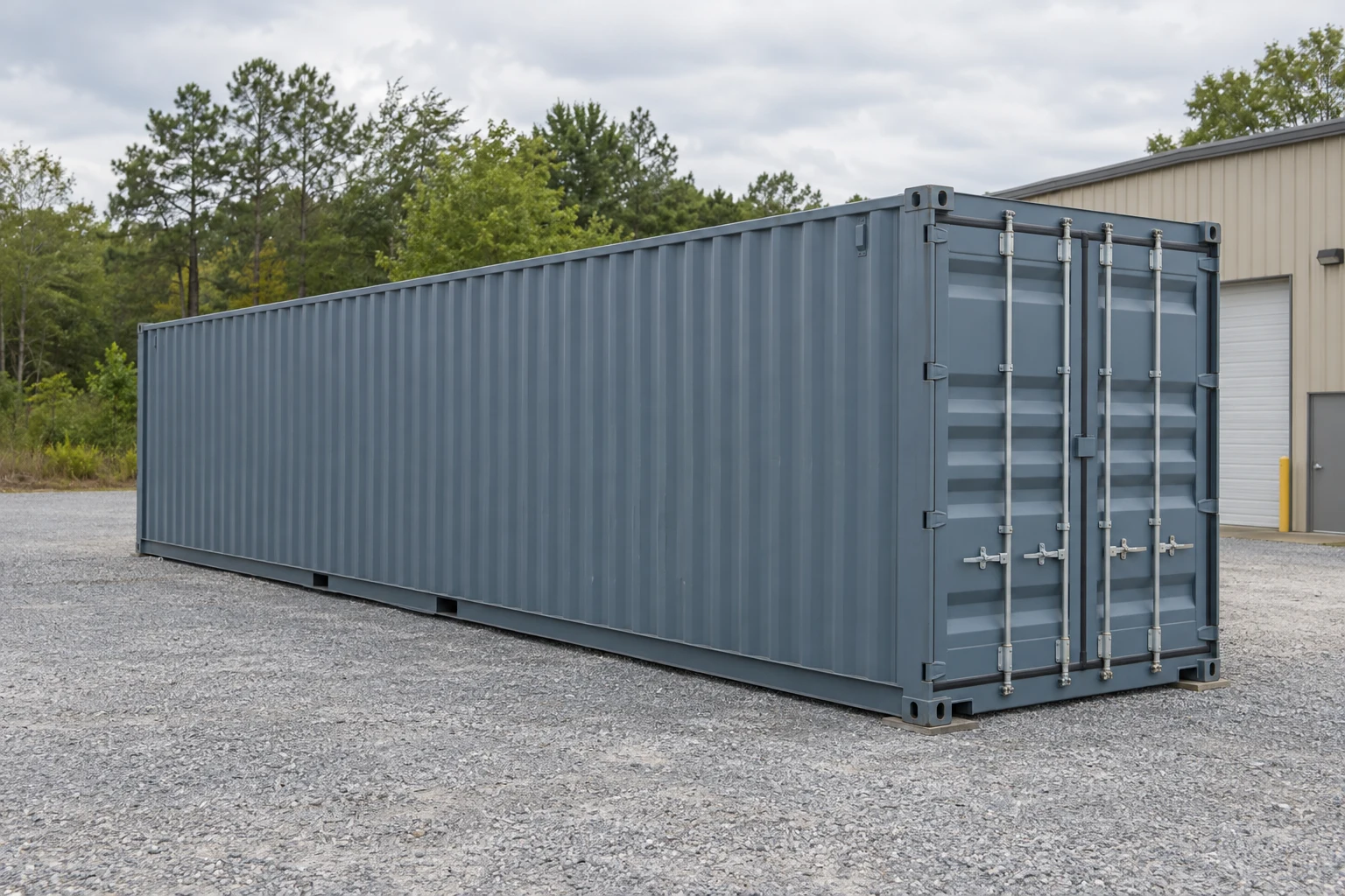 Photorealistic illustration of one clean 40ft shipping container on a prepared commercial pad in a fictional setting inspired by North Carolina.