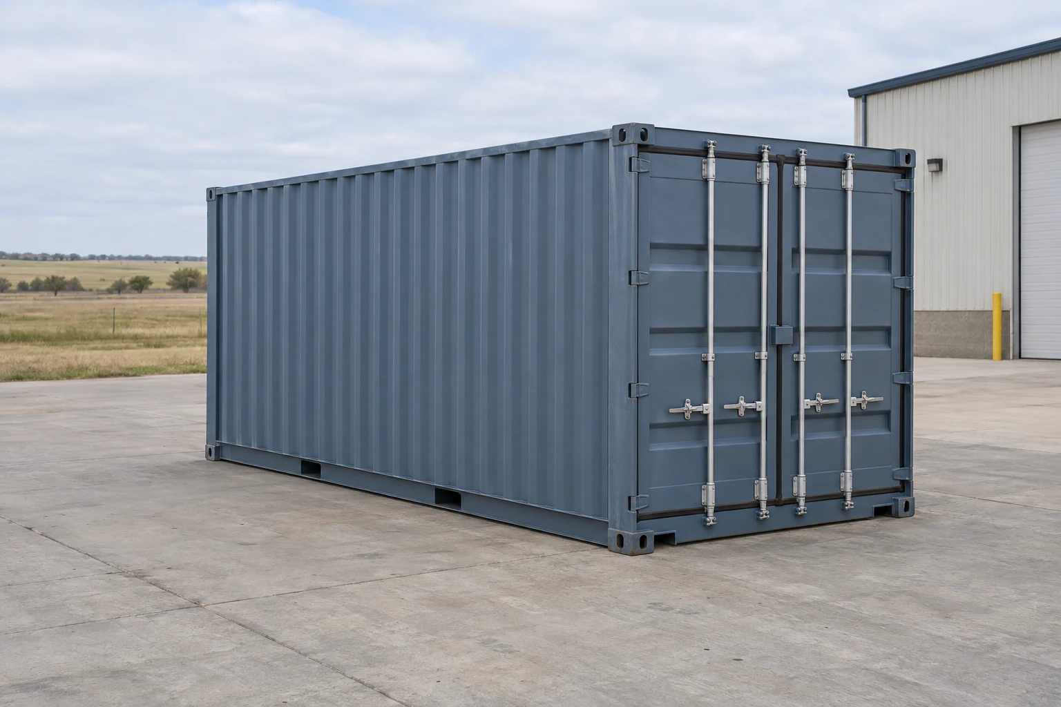 Photorealistic illustration of one clean 20ft shipping container on a prepared commercial pad in a fictional setting inspired by Bismarck, North Dakota.