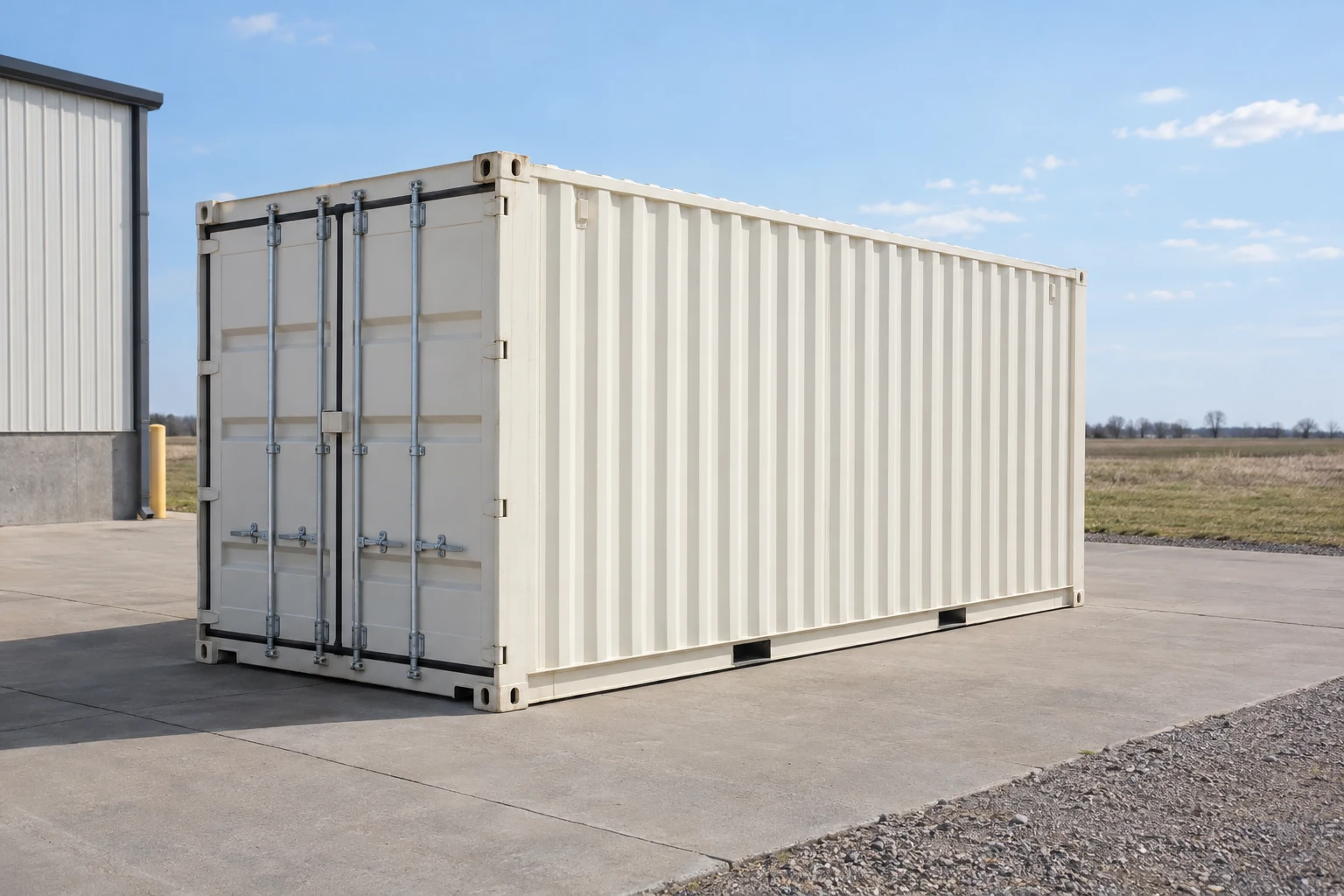 Photorealistic illustration of one clean 20ft shipping container on a prepared commercial pad in a fictional setting inspired by Fargo, North Dakota.