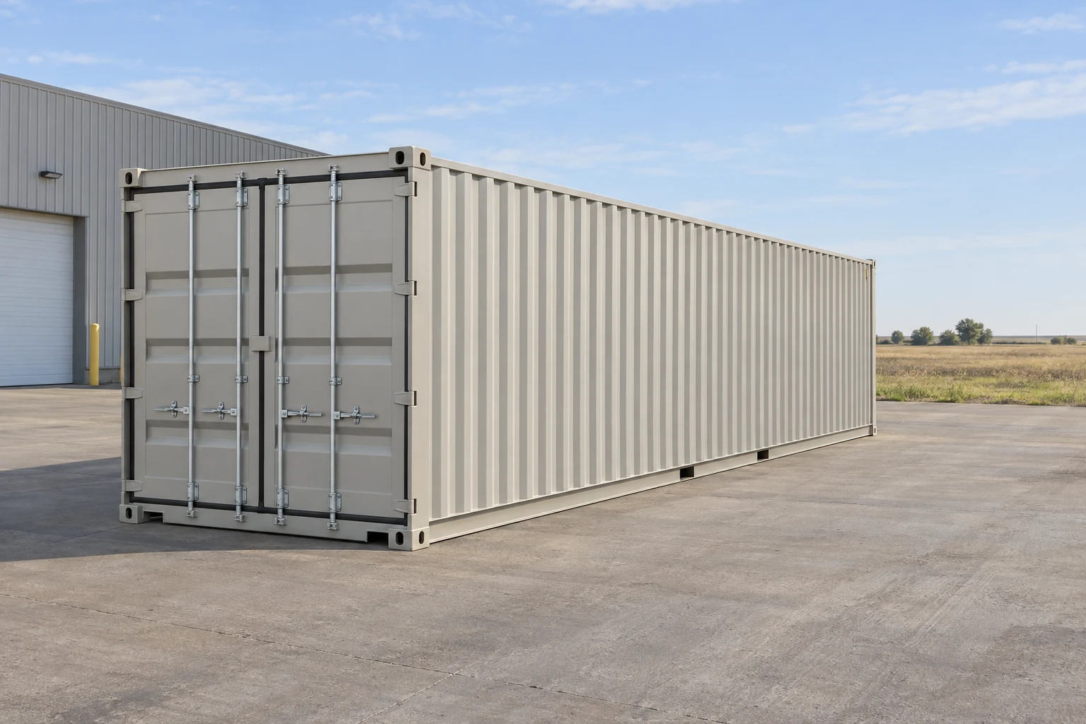 Photorealistic illustration of one clean 40ft shipping container on a prepared commercial pad in a fictional setting inspired by North Dakota.
