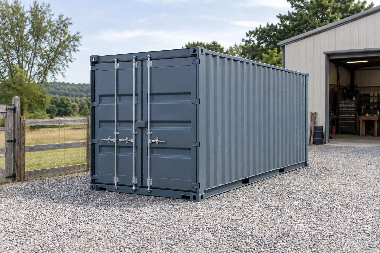 Steel container at a workshop with the gate and approach visible.