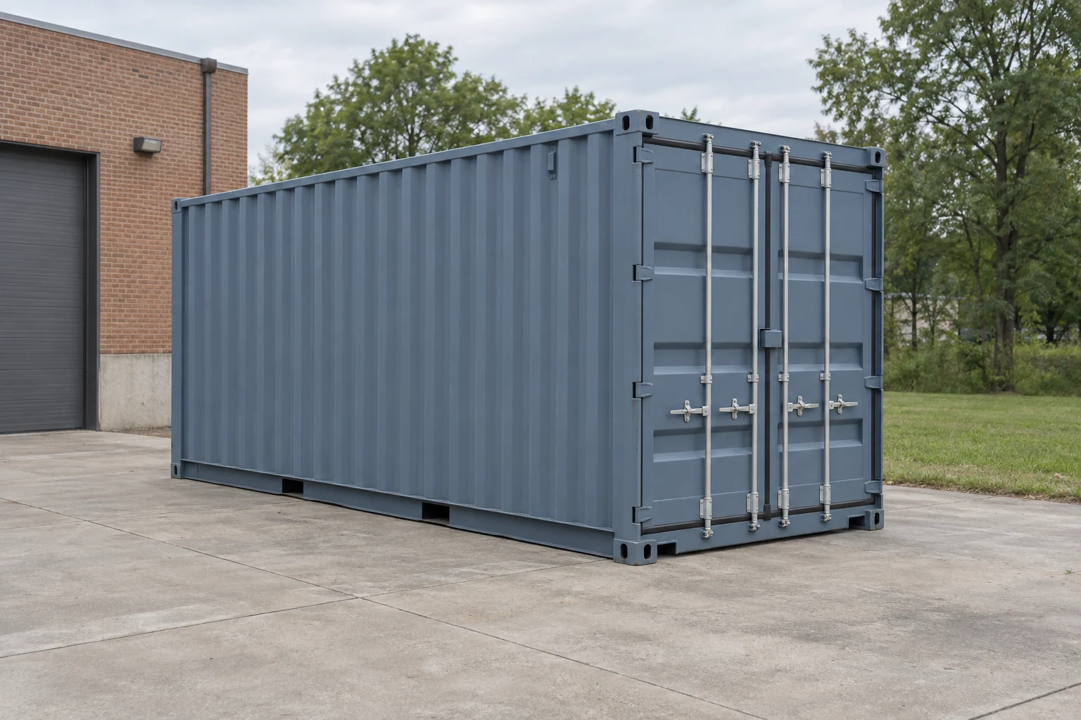 Photorealistic illustration of one clean 20ft shipping container on a prepared commercial pad in a fictional setting inspired by Cleveland, Ohio.