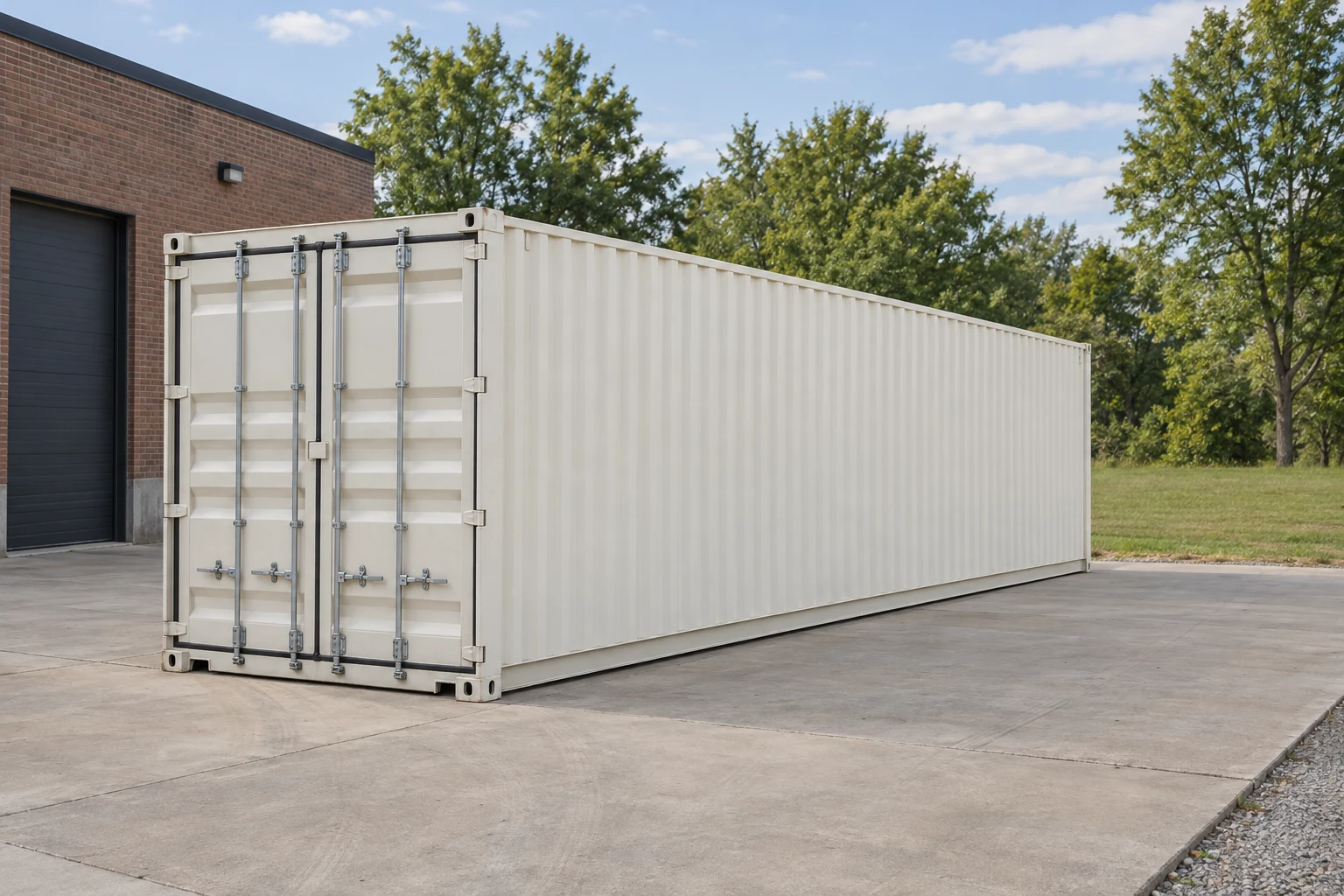 Photorealistic illustration of one clean 40ft shipping container on a prepared commercial pad in a fictional setting inspired by Columbus, Ohio.