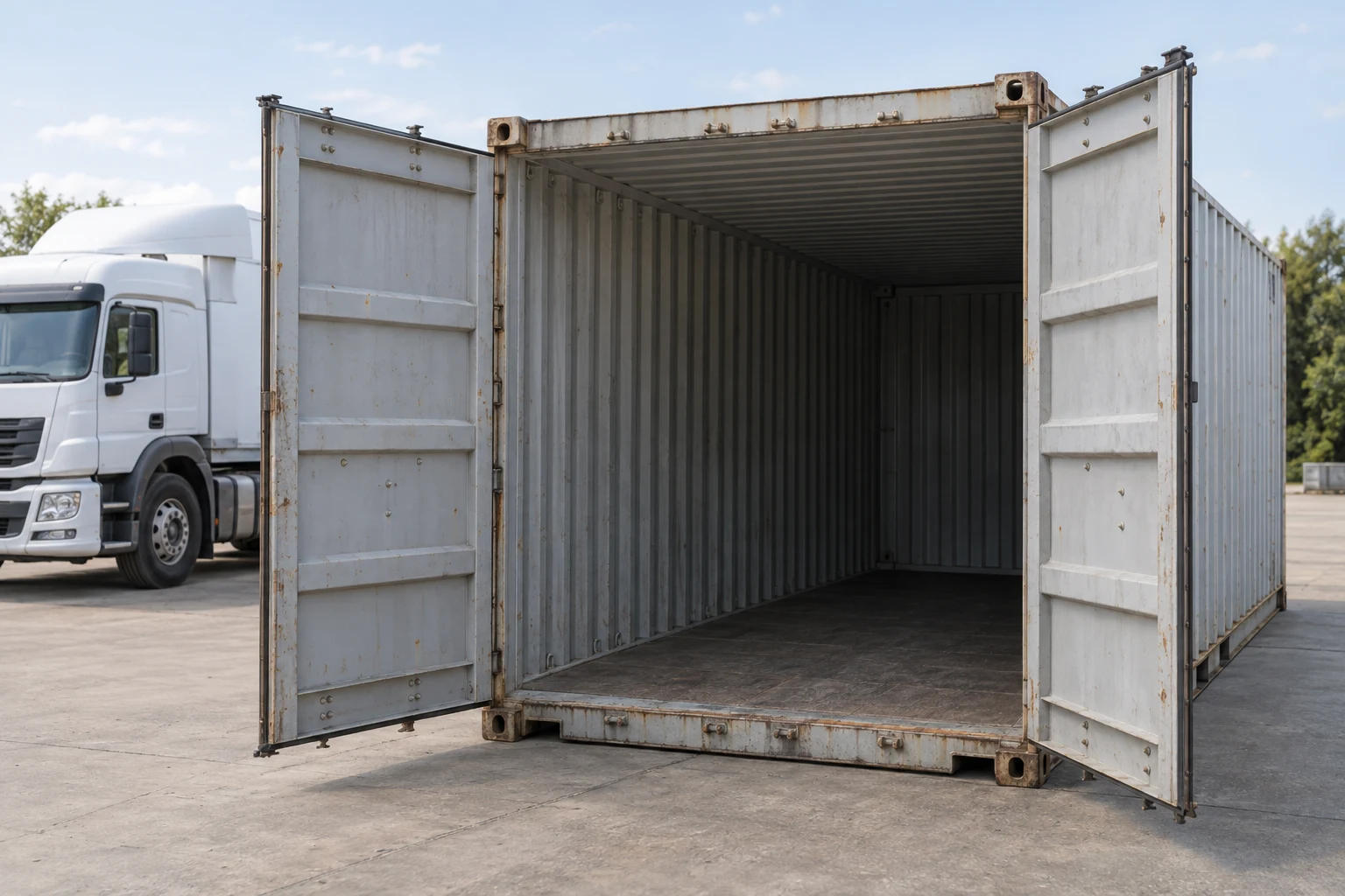 Steel container on a level pad with a delivery truck nearby.