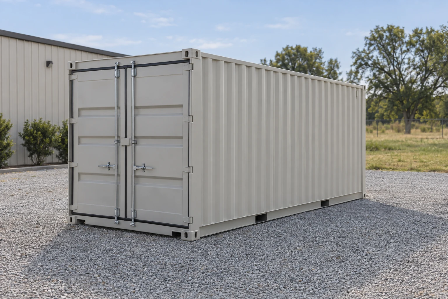 Photorealistic illustration of one clean 20ft shipping container on a prepared commercial pad in a fictional setting inspired by Oklahoma City, Oklahoma.