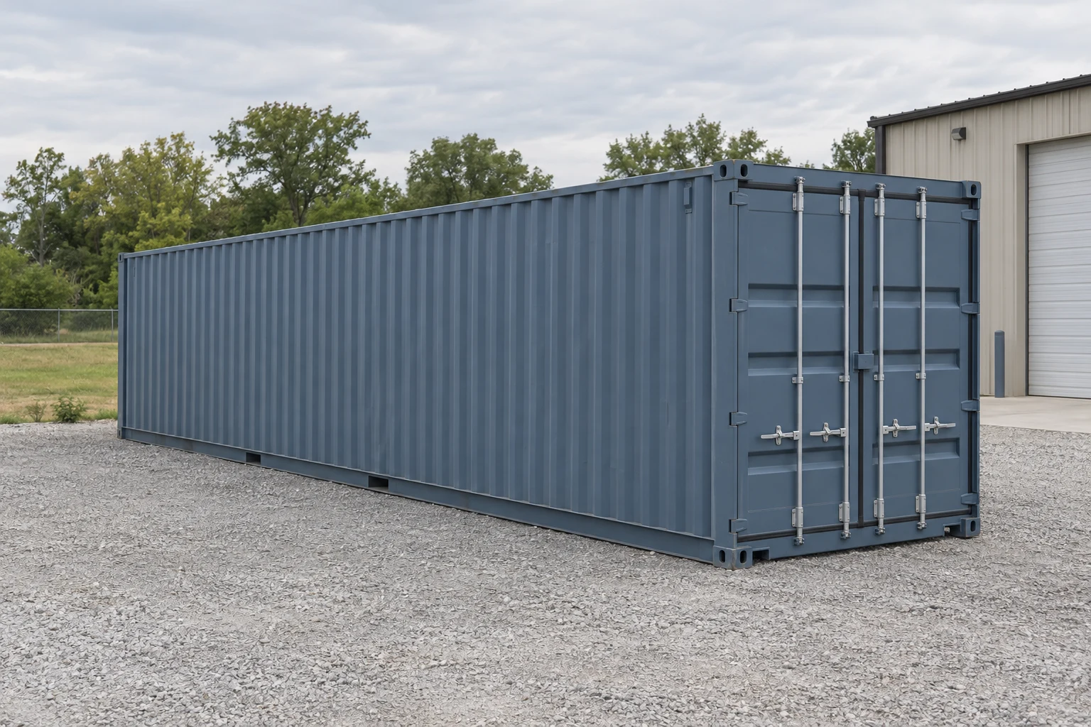 Photorealistic illustration of one clean 40ft shipping container on a prepared commercial pad in a fictional setting inspired by Tulsa, Oklahoma.