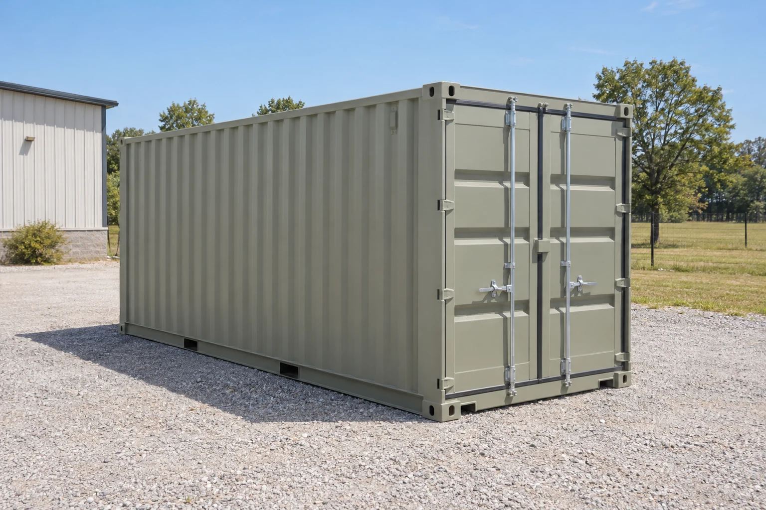 Photorealistic illustration of one clean 20ft shipping container on a prepared commercial pad in a fictional setting inspired by Oklahoma.