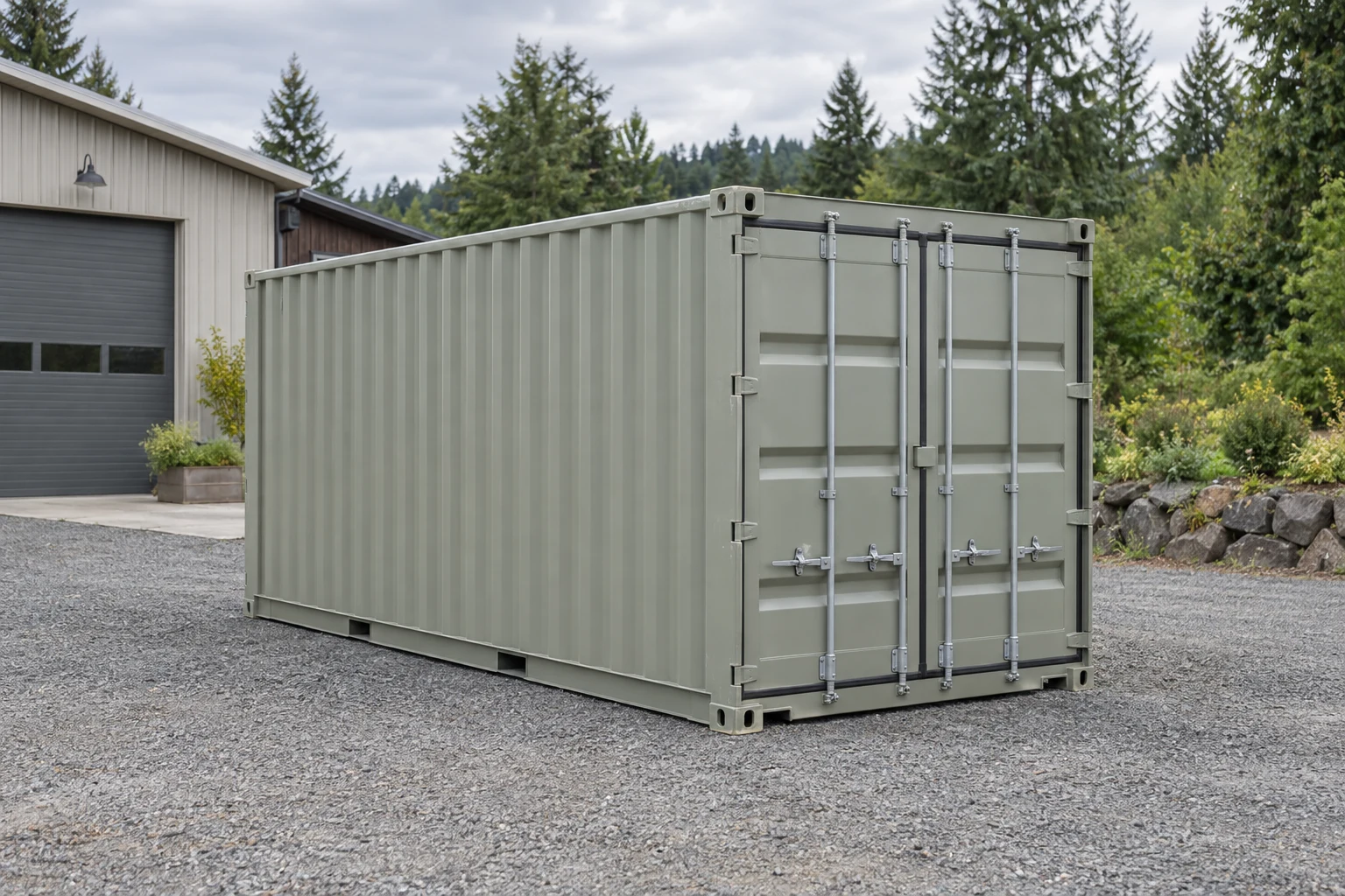 Photorealistic illustration of one clean 20ft shipping container on a prepared commercial pad in a fictional setting inspired by Portland, Oregon.