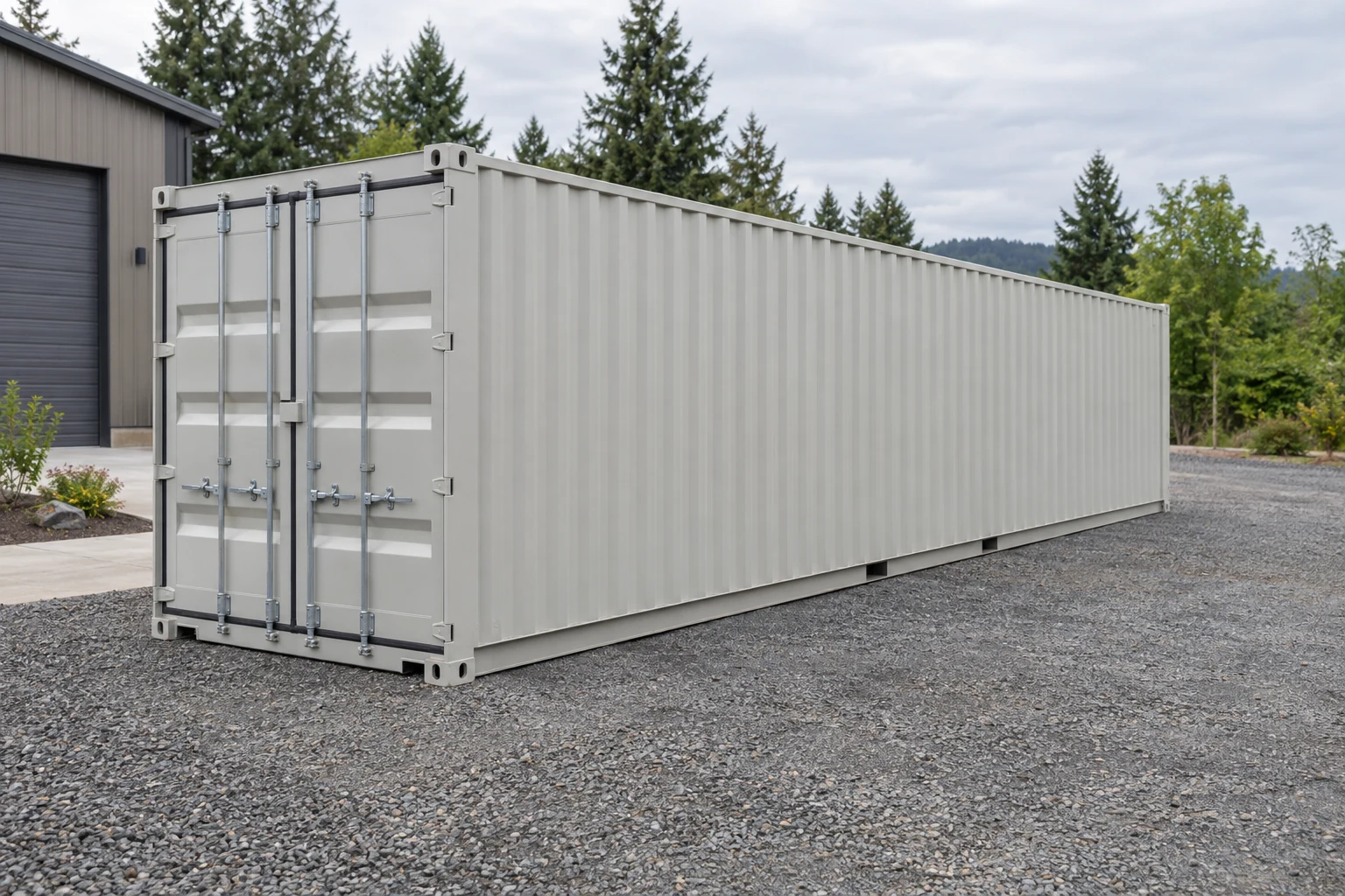Photorealistic illustration of one clean 40ft shipping container on a prepared commercial pad in a fictional setting inspired by Salem, Oregon.