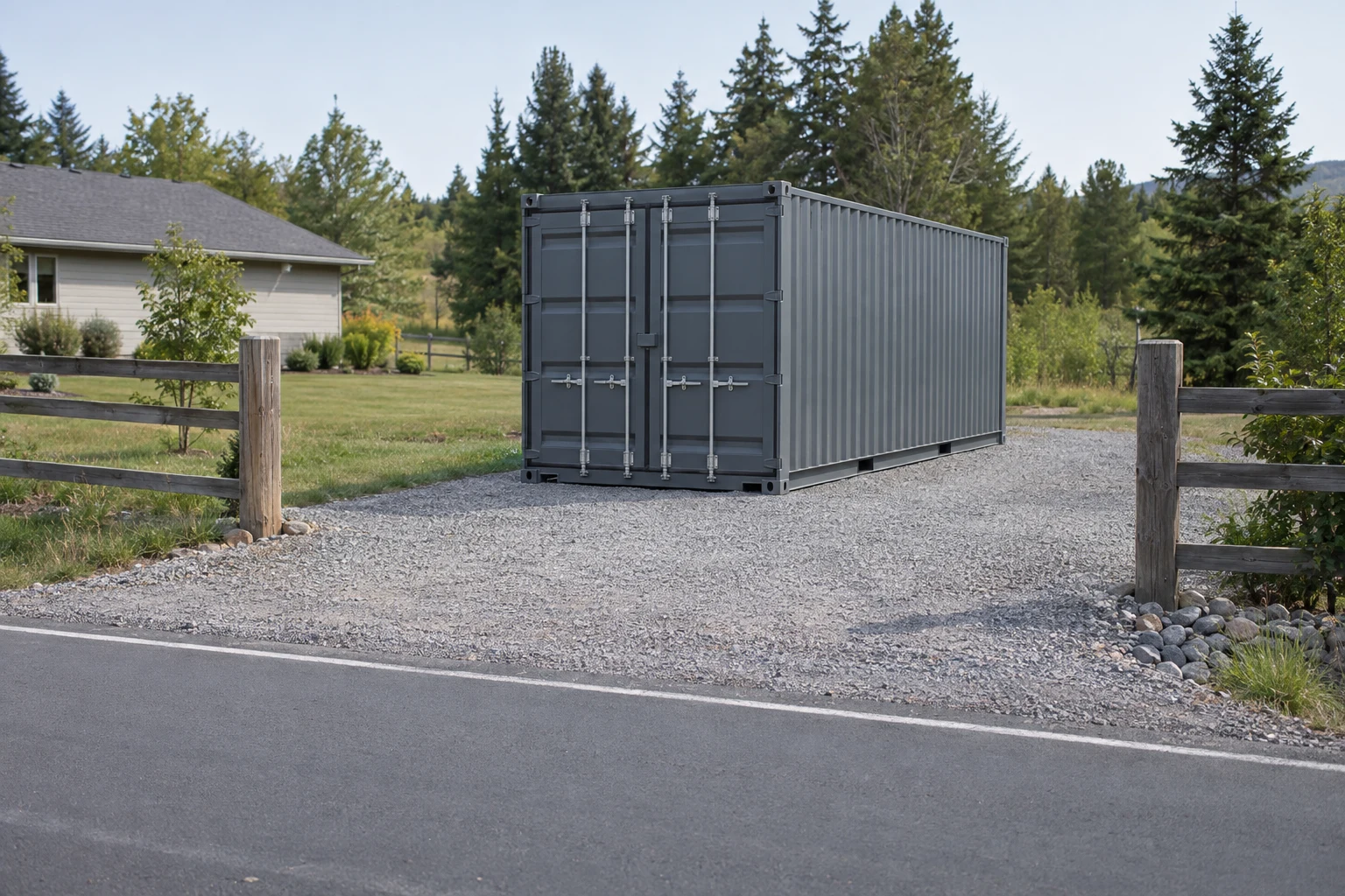 Steel container on a private gravel pad with its access road visible.