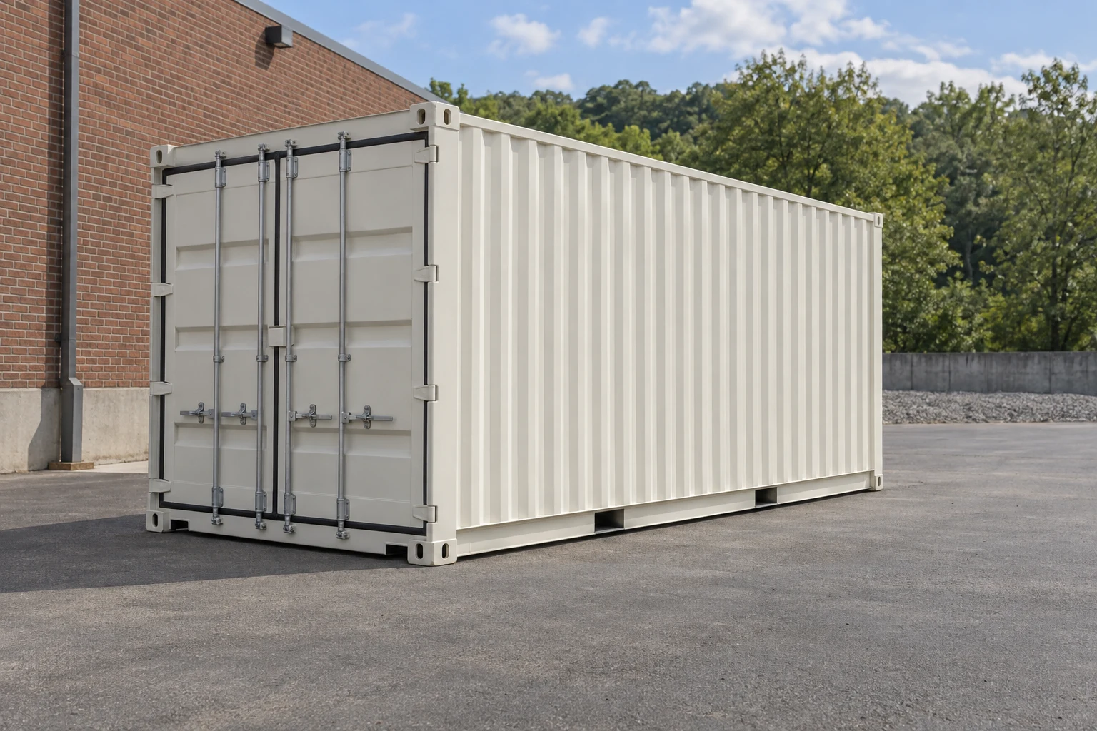 Photorealistic illustration of one clean 20ft shipping container on a prepared commercial pad in a fictional setting inspired by Philadelphia, Pennsylvania.