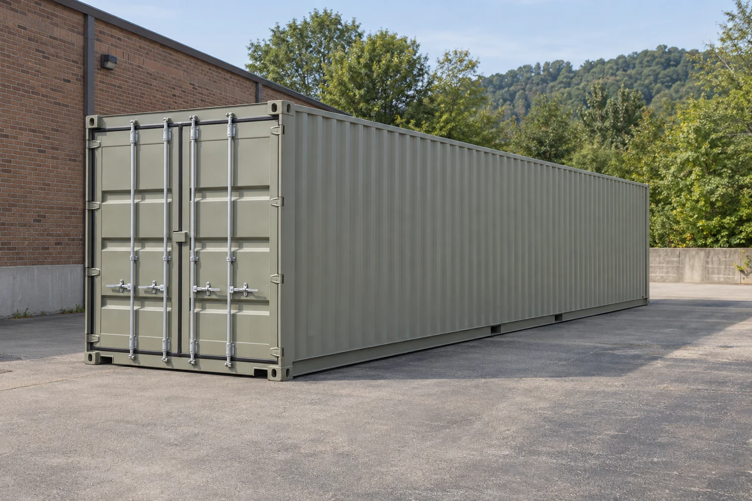 Photorealistic illustration of one clean 40ft shipping container on a prepared commercial pad in a fictional setting inspired by Pittsburgh, Pennsylvania.