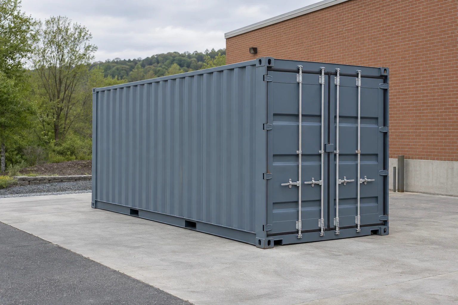 Photorealistic illustration of one clean 20ft shipping container on a prepared commercial pad in a fictional setting inspired by Pennsylvania.