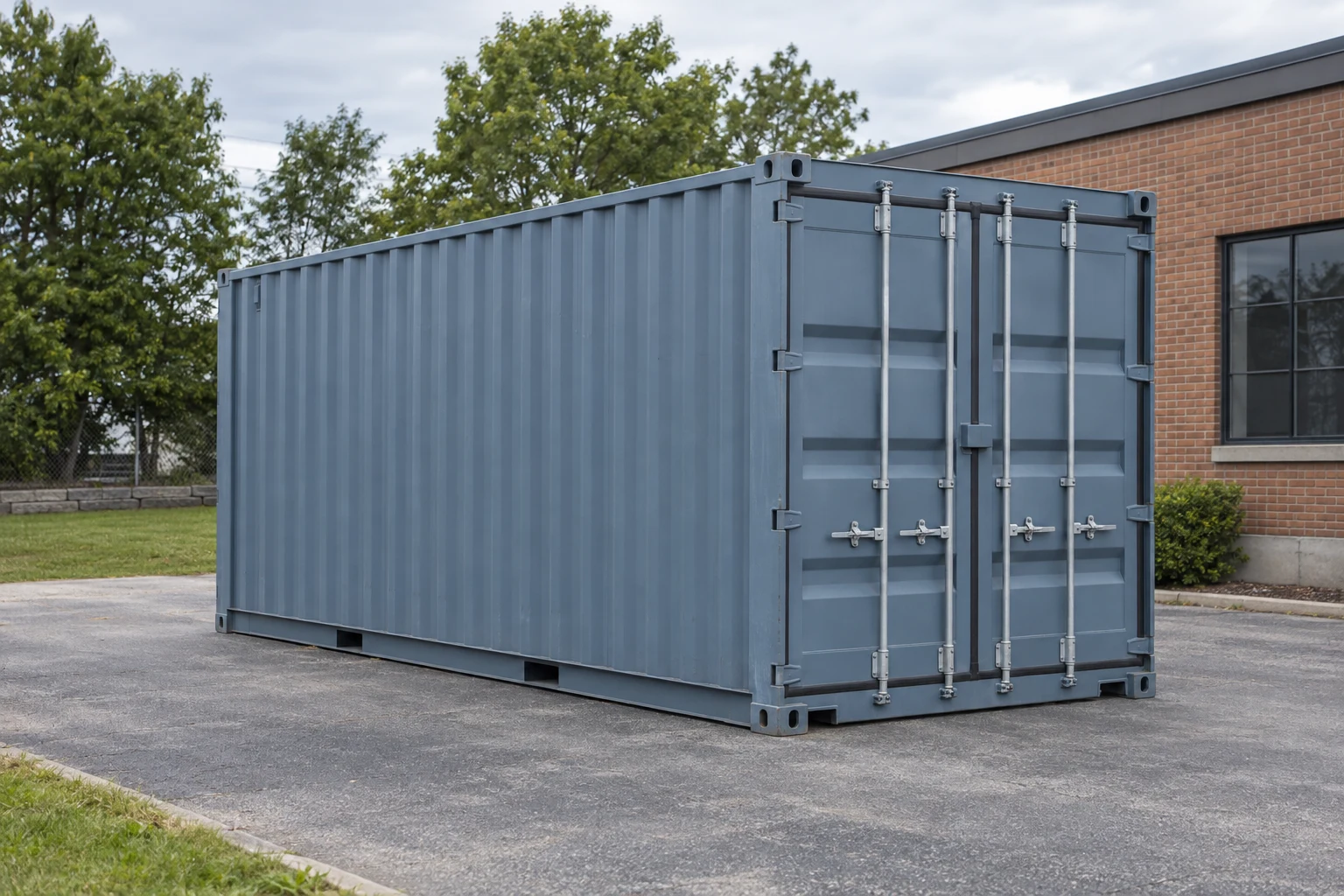 Photorealistic illustration of one clean 20ft shipping container on a prepared commercial pad in a fictional setting inspired by Cranston, Rhode Island.